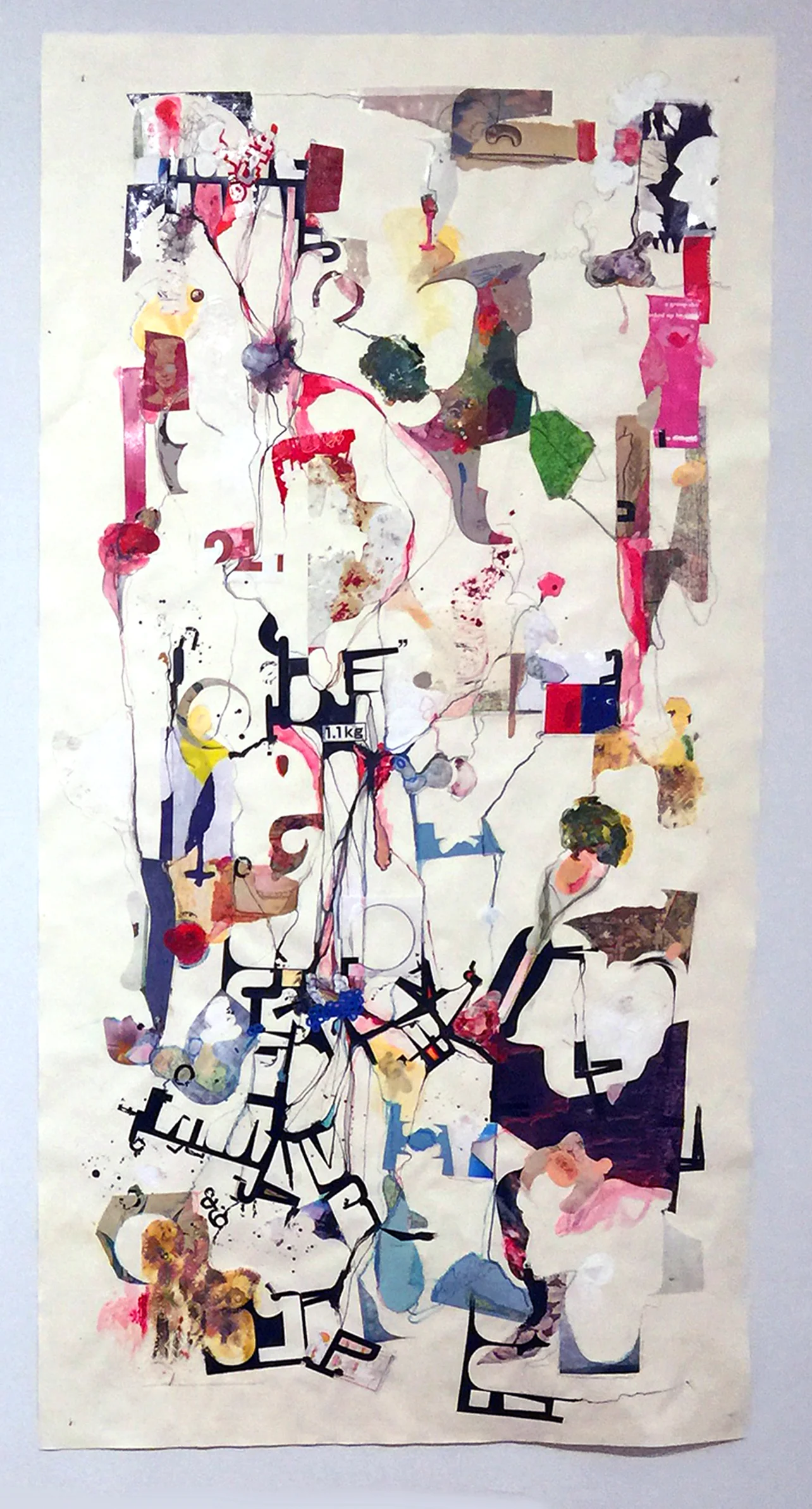 Scroll 2, mixed media painted collage drawing on paper, 72 x 36", 2015