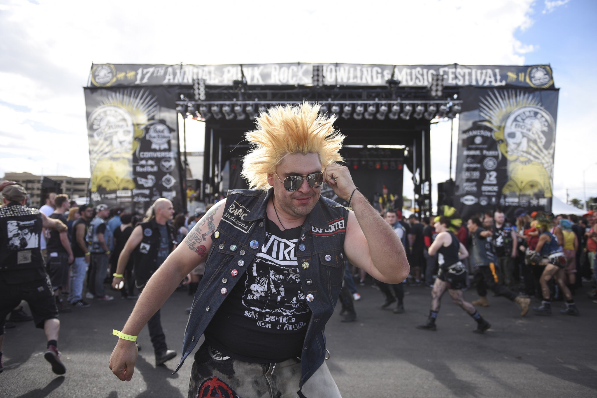 Josh Salas dances during Sniper 66's set at Punk Rock Bowling in downtown Las Vegas, Nevada.