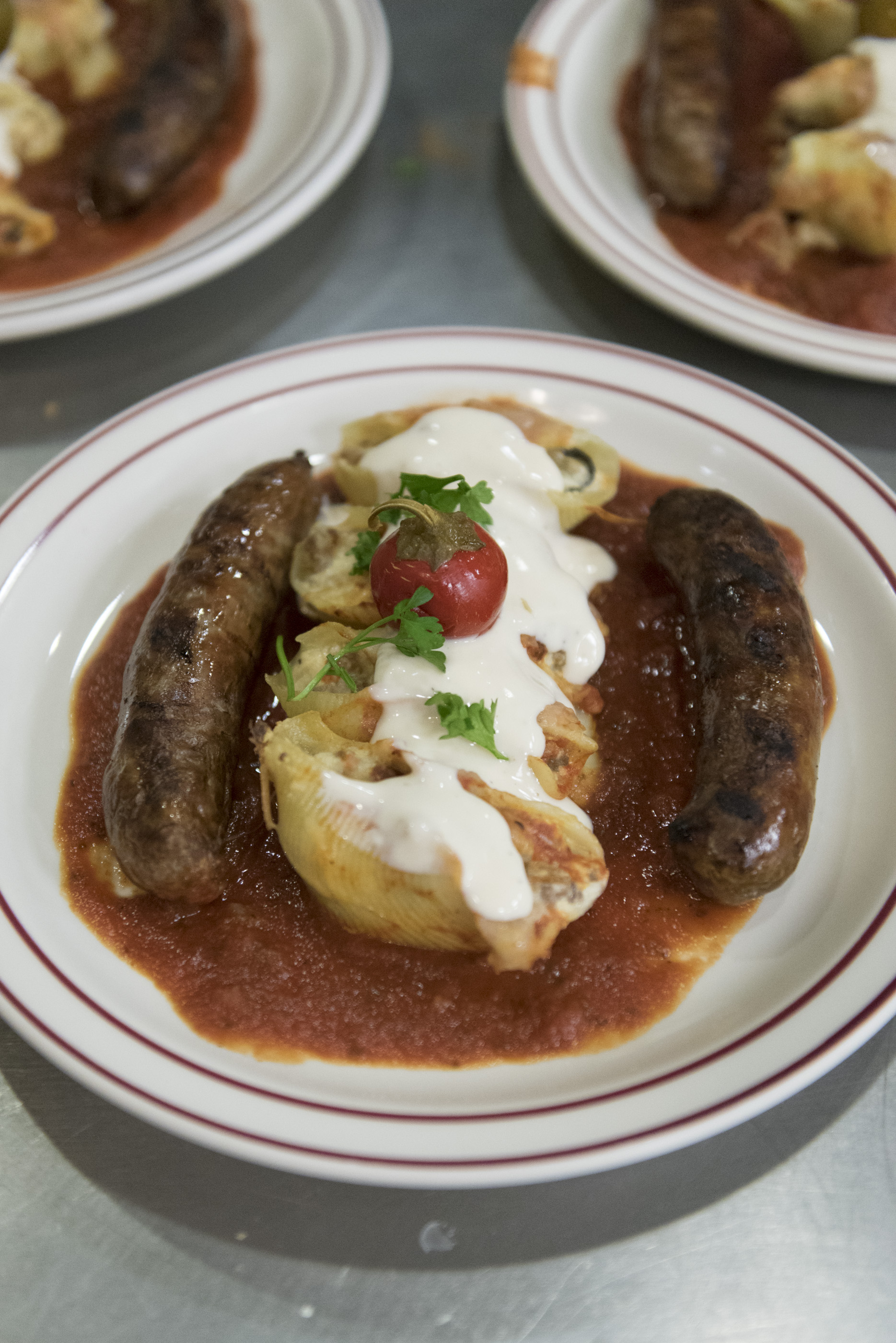 Dinner is ready to be served to the six man crew at Las Vegas Fire & Rescue's Fire Station 41 in Las Vegas Monday, Jan. 11, 2016. The dinner consists of Italian stuffed shells, grilled sausage, garlic bread, green salad and banana cream pie. Jason Ogulnik/Las Vegas Review-Journal