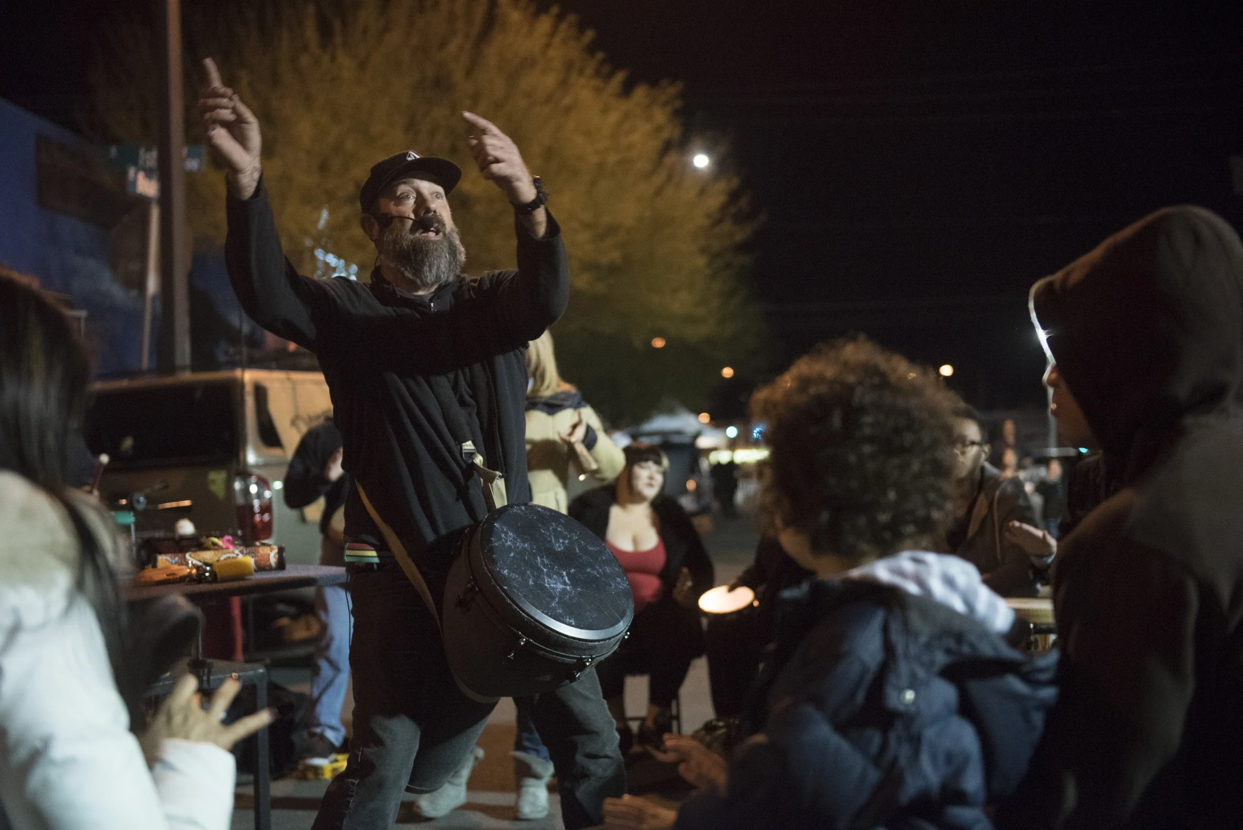 Jeffrey Trower of Community Productions, left, leads a drum circle during the First Friday arts festival in downtown Las Vegas' 18b Arts District Friday, Feb. 5, 2016. The festival resumed after several months off to reorganize. Jason Ogulnik/Las Vegas Review-Journal