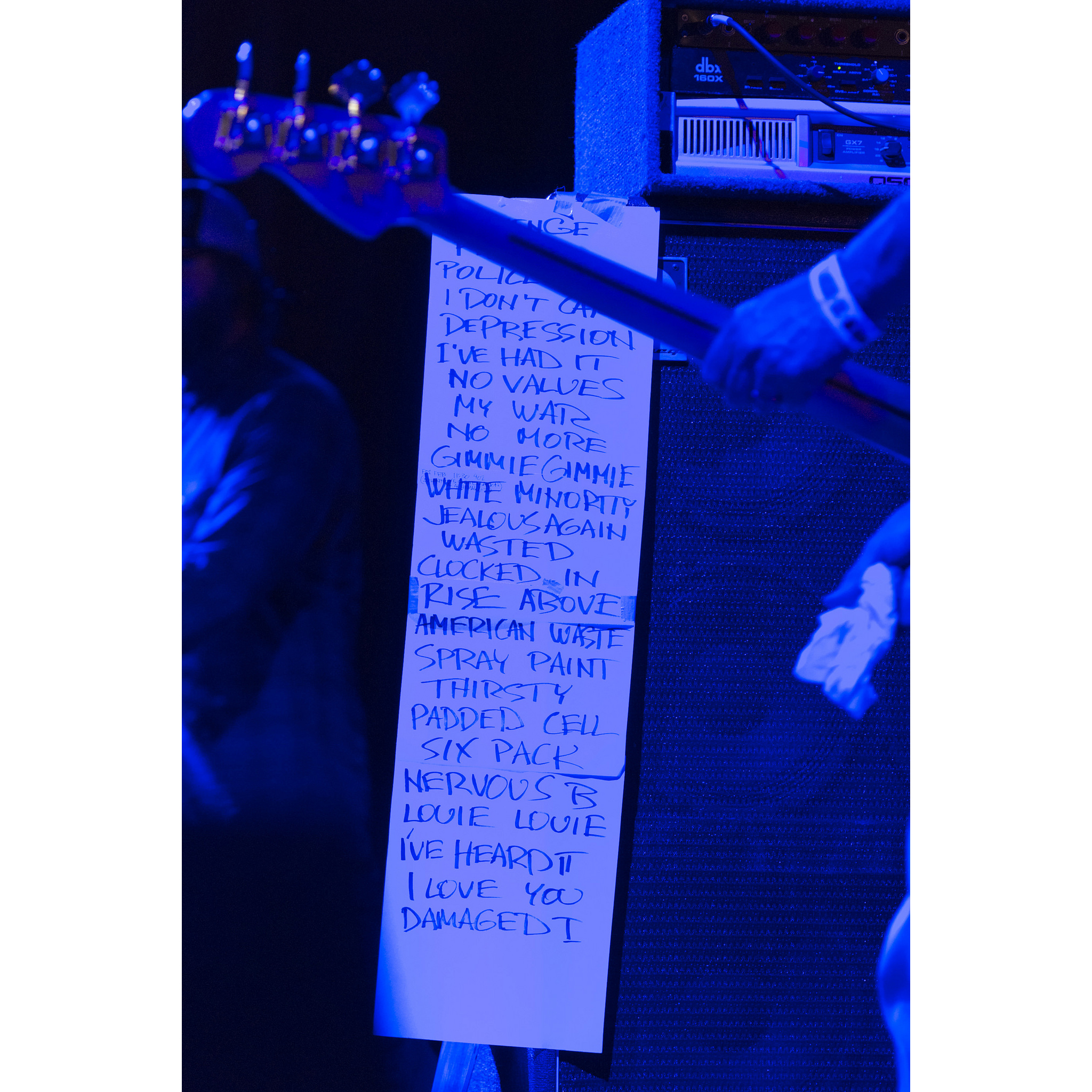Flag's set list is seen during the 18th annual Punk Rock Bowling & Music Festival in downtown Las Vegas Saturday, May 28, 2016. The first four songs read Revenge, Fix Me, Police Story and I Don't Care.