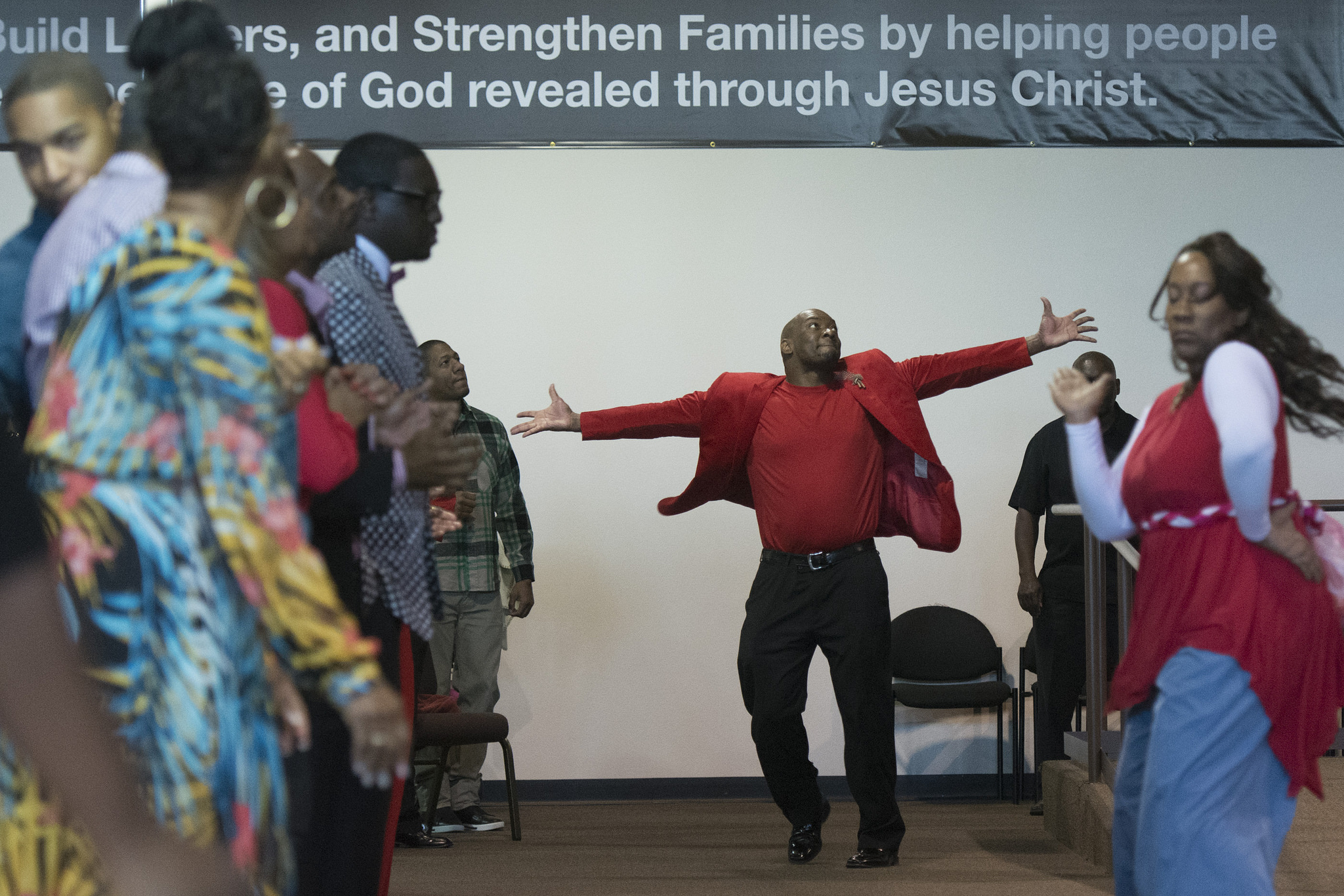 A man dances as the Worship Culture choir performs during services at Christian Embassy Worship Center at 2020 Olympic Ave. in Henderson Sunday, Feb. 14, 2016. Worship Culture will perform at the Heart & Soul event in Henderson on Feb. 27. Jason Ogulnik/Las Vegas Review-Journal