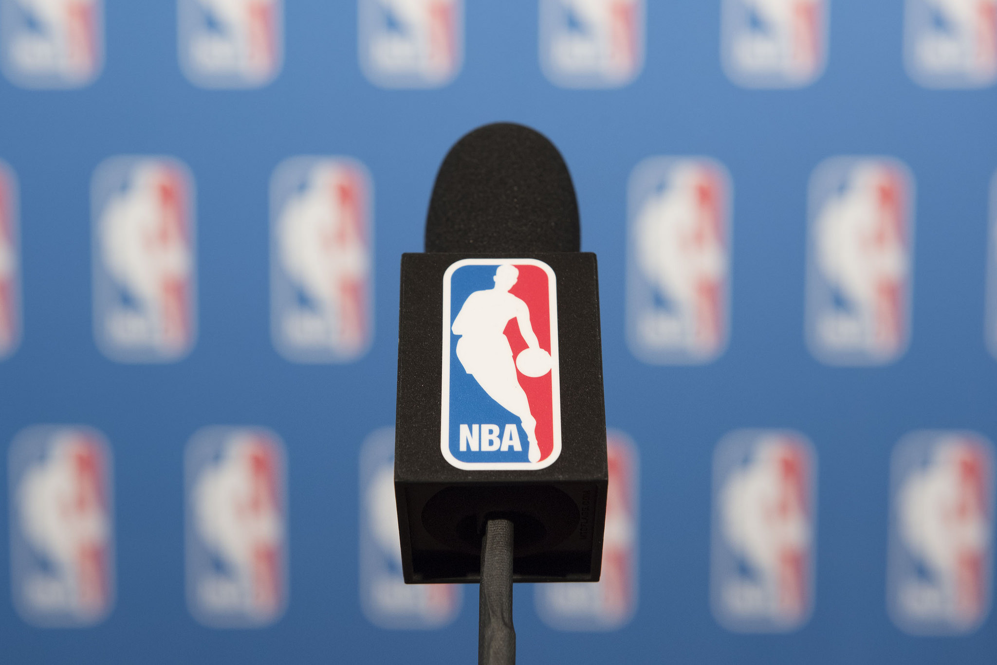 A NBA branded microphone is seen at the podium prior to NBA Commissioner Adam Silver speaking to news media at Encore Las Vegas on Tuesday, July 12, 2016. Jason Ogulnik/Las Vegas Review-Journal