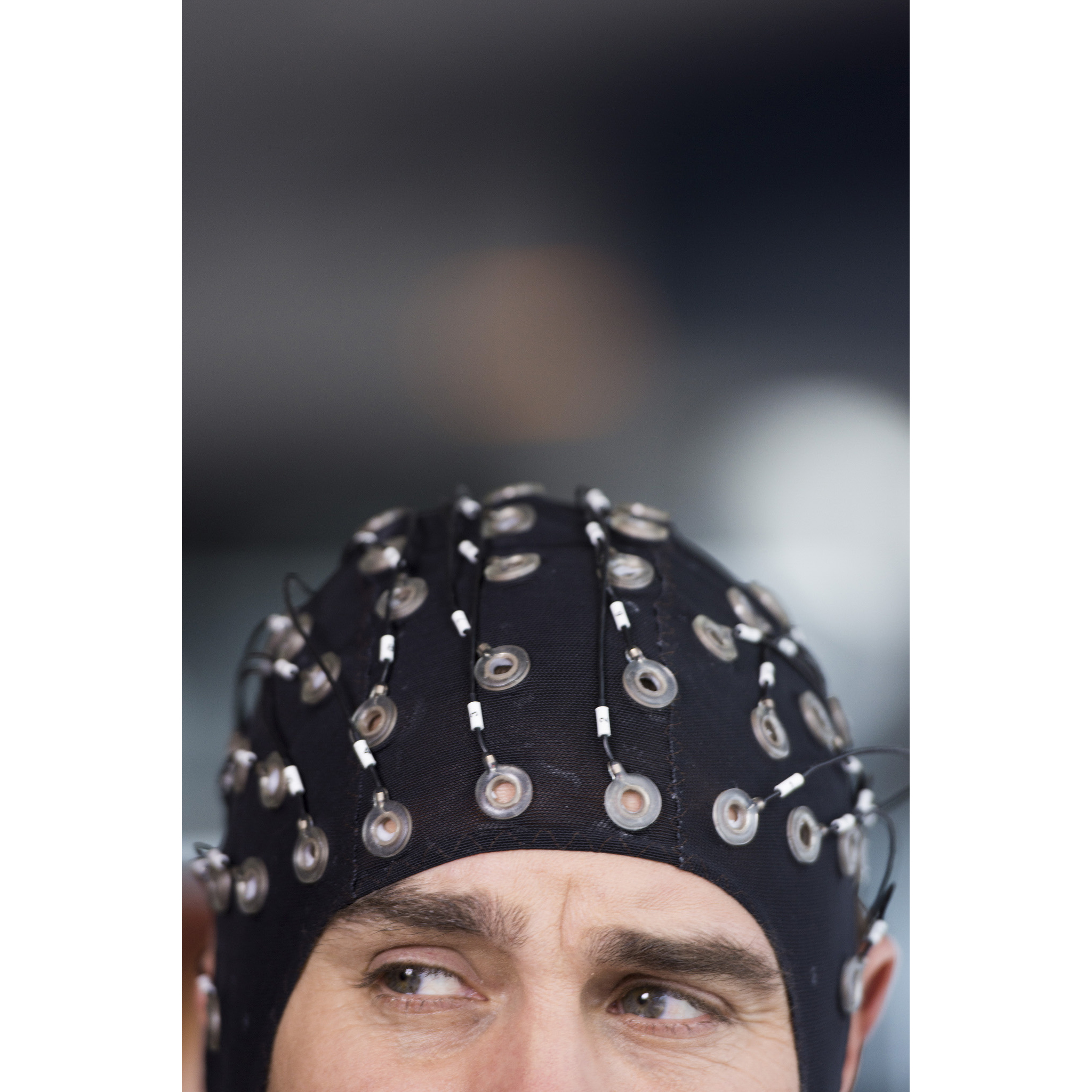 Tory Belleci, host of the Travel Channel show "Thrill Factor," wears an EEG electrode cap following a jump from the The Stratosphere hotel's Sky Jump attraction at in Las Vegas Monday, July 6, 2015.