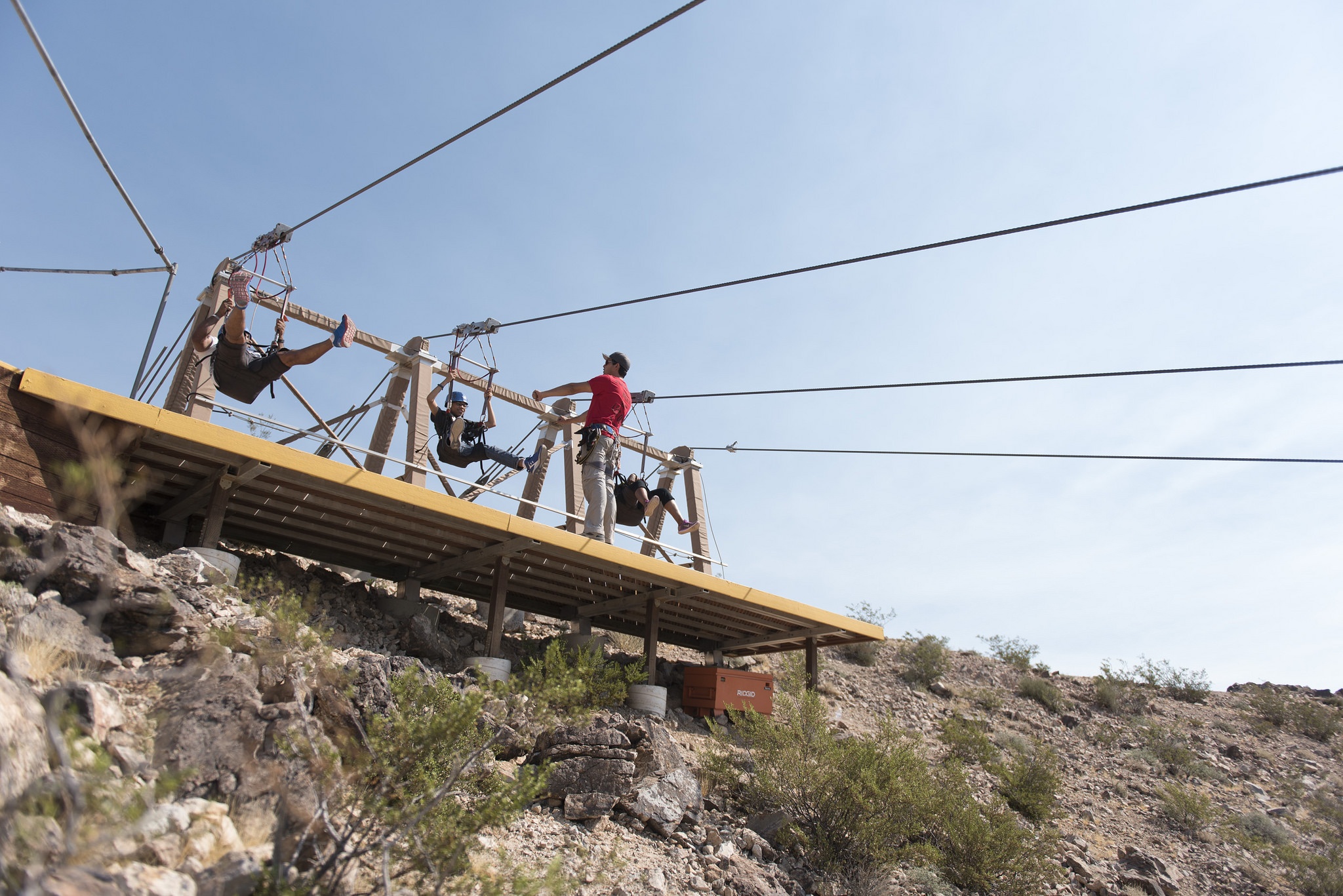 Jeffrey Grasso of Flightlinez Bootleg Canyon, third from left, leads a zip line tour group in Bootleg Canyon Mountain Bike Park in Boulder City, Wednesday, Aug. 17, 2016. Jason Ogulnik/Las Vegas Review-Journal