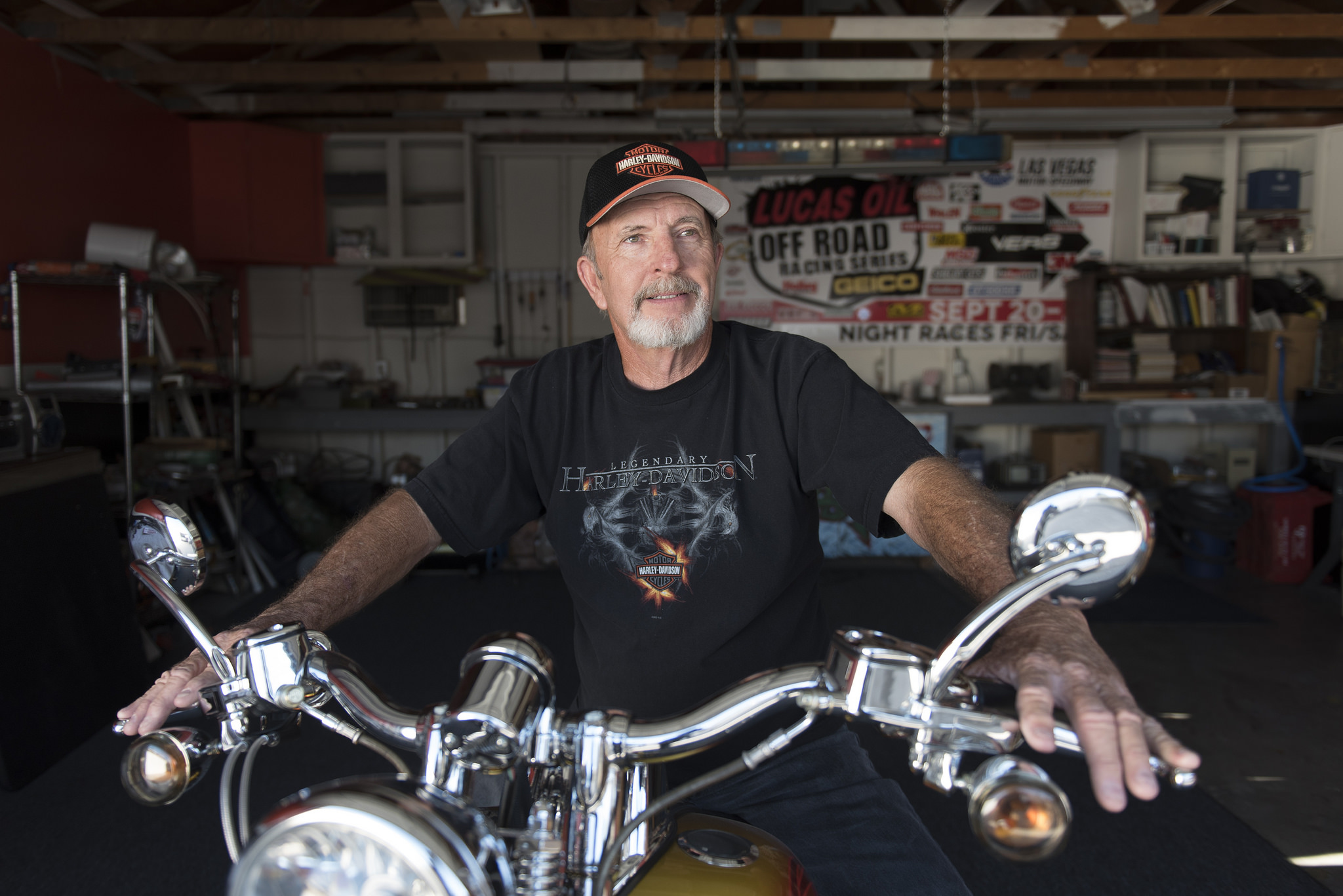 Retired Capitol Police officer and Nevada Highway Patrol trooper Brad Carson sits on his 2007 Harley Davidson Springer Softail at his residence in Las Vegas Monday, Aug. 15, 2016. Carson deals with physical pain after being hit by a drunk driver while writing a ticket for another driver in 2004. Jason Ogulnik/Las Vegas Review-Journal