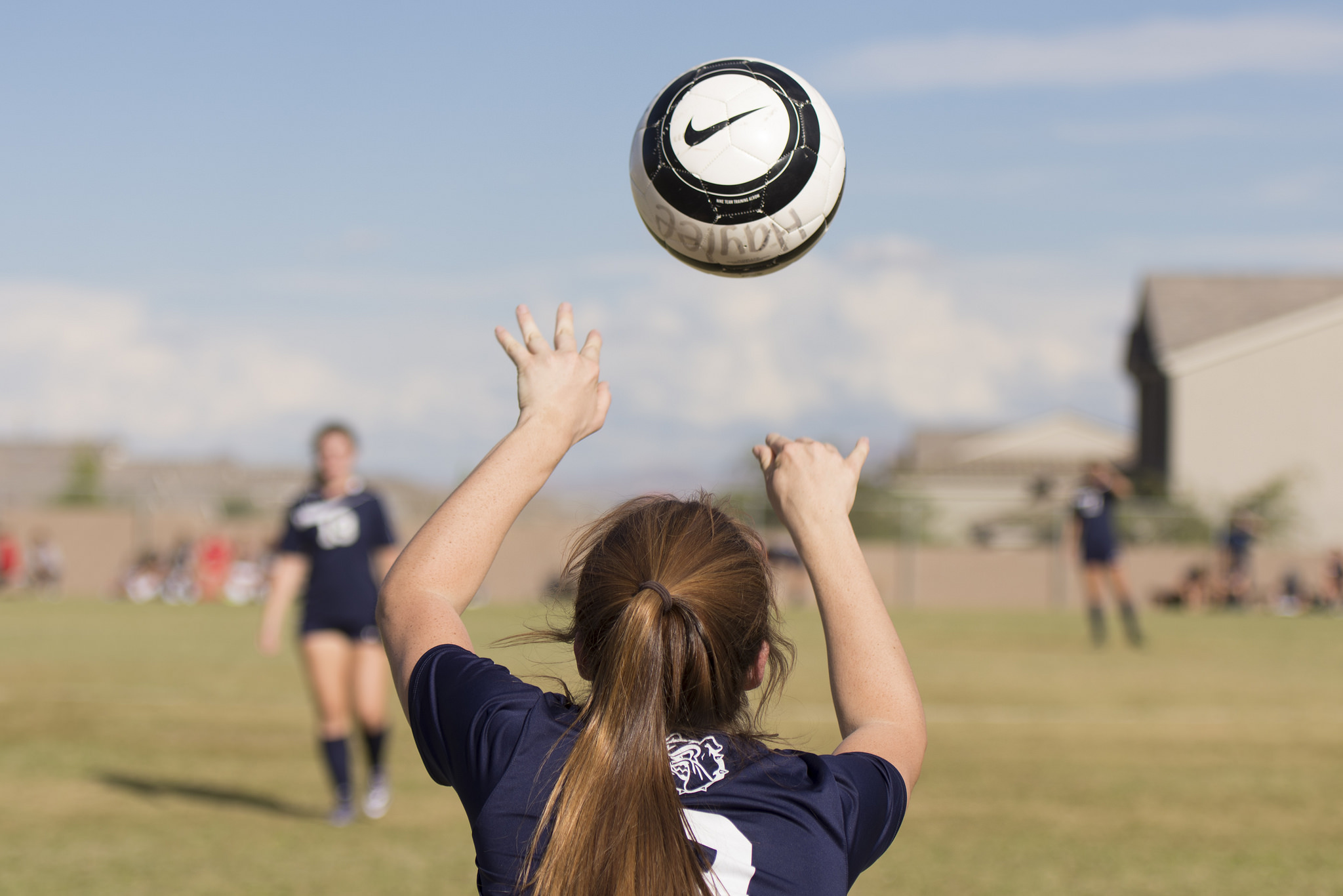 Centennial's Brooke Hawley (9) throws the ball in during a girls soccer game at Arbor View in Las Vegas, Thursday, Sept. 29, 2016. Jason Ogulnik/Las Vegas Review-Journal