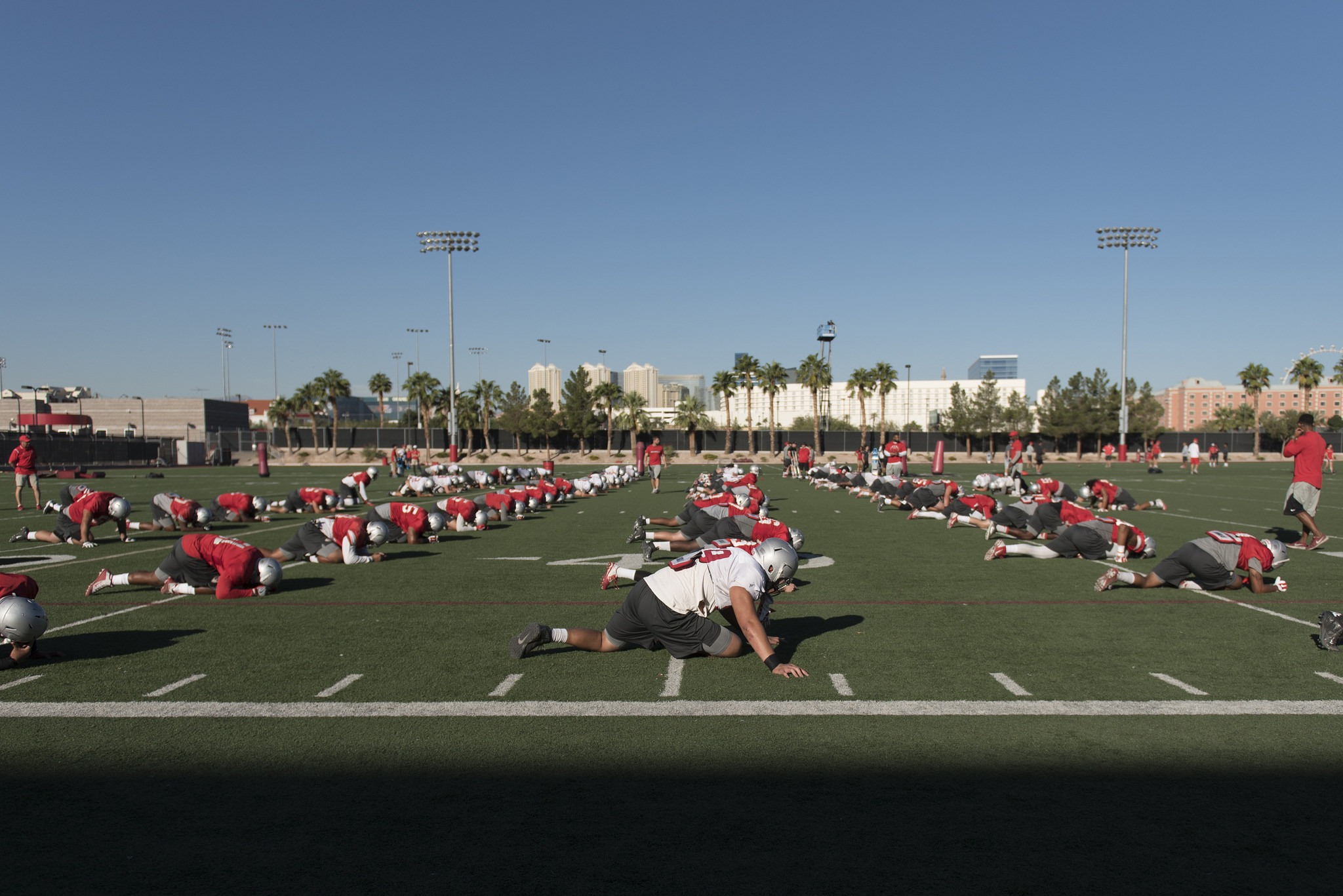 Players stretch during football practice at UNLV's Rebel Park in Las Vegas, Tuesday, Sept. 27, 2016. Jason Ogulnik/Las Vegas Review-Journal 