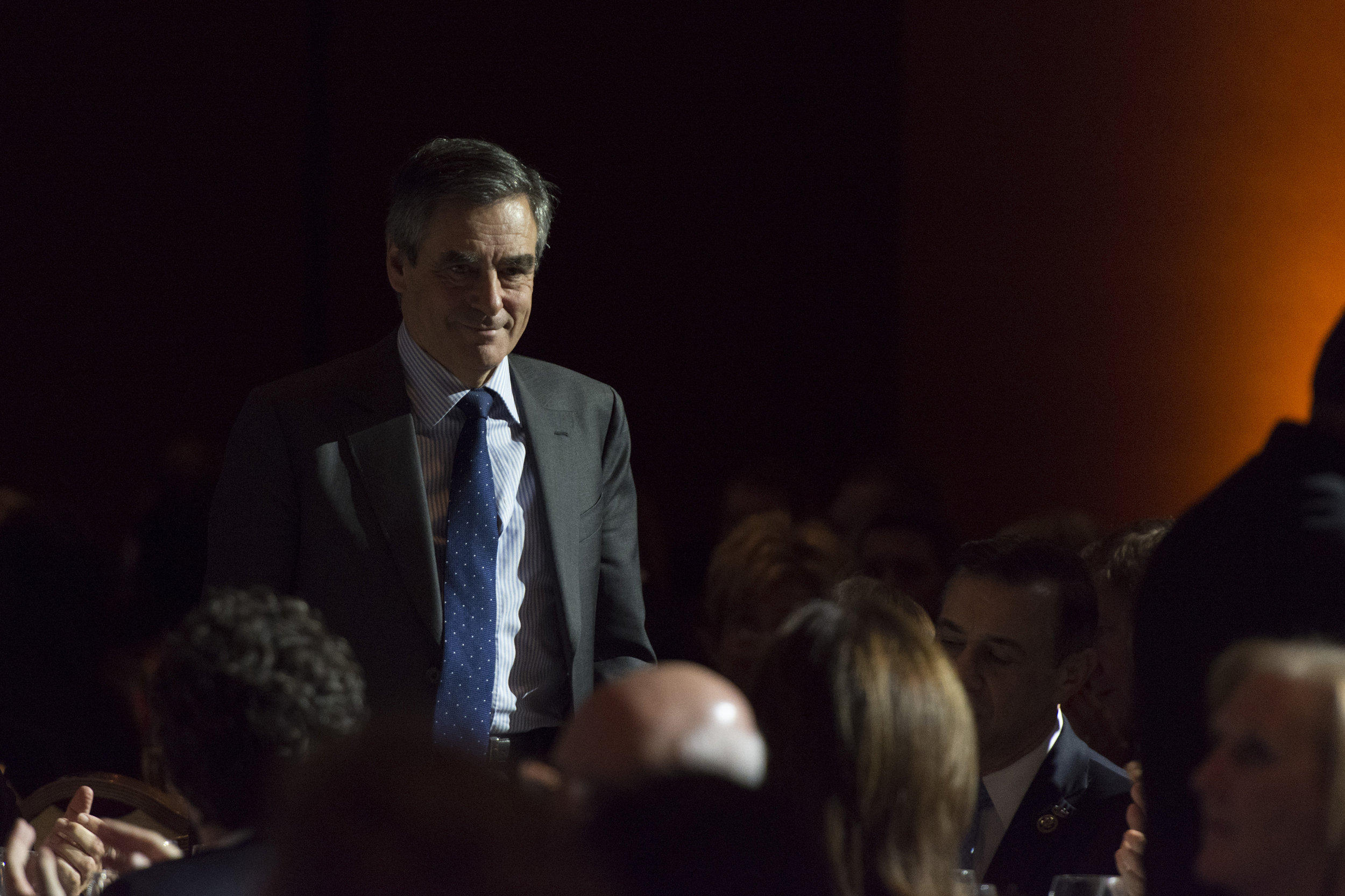 Francois Fillon, French Republican presidential candidate, stands as he's introduced by Gary Shapiro, CEO of the Consumer Technology Association, during the Leaders in Technology Dinner at the International Consumer Electronics Show (CES) in Las Vegas, Nevada, USA, on January 06, 2017. Jason Ogulnik/Sipa Press
