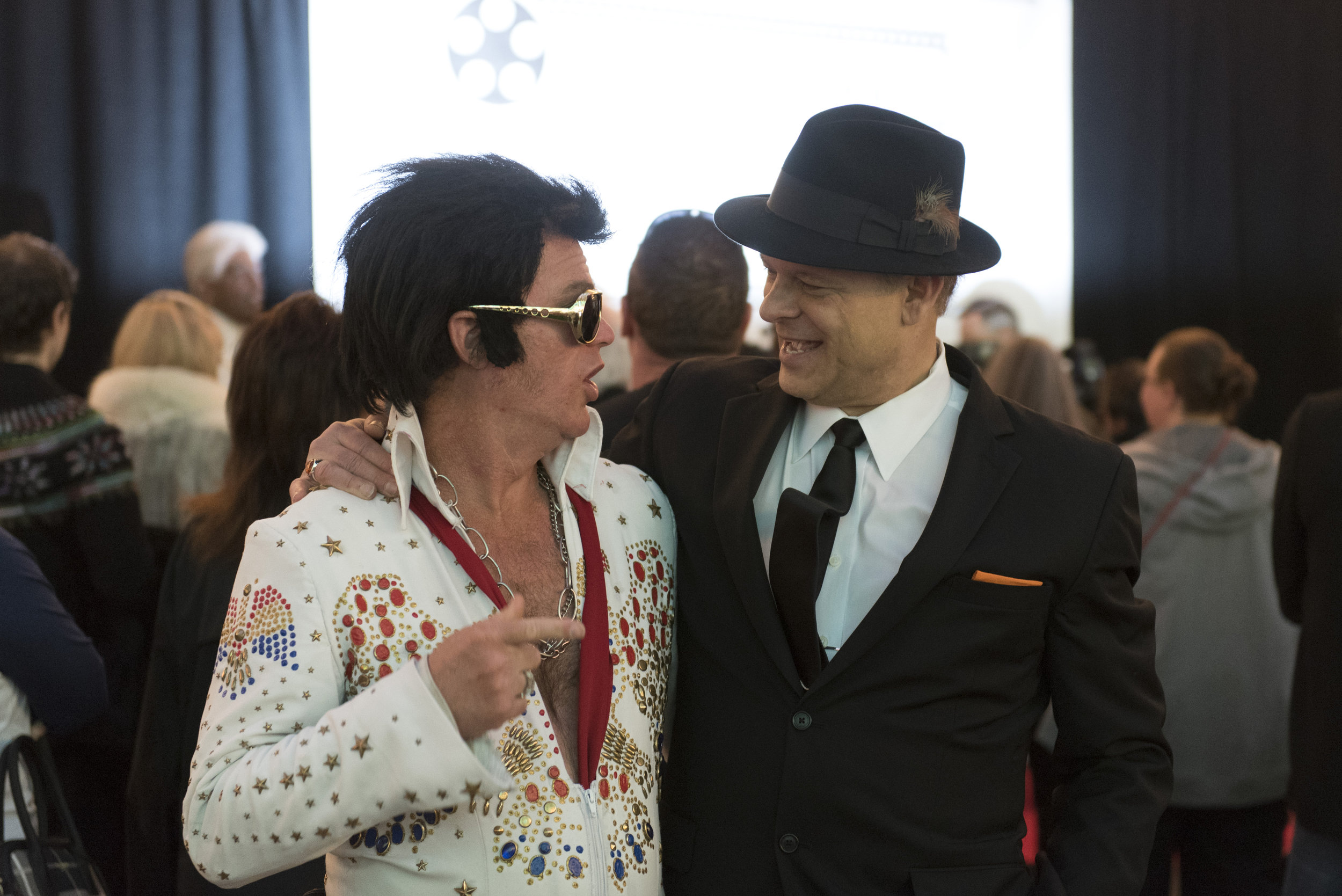 Frank Sinatra impersonator James Anthony, right, talks with an Elvis Presley impersonator on the red carpet prior to The Reel Awards at the Golden Nugget Hotel & Casino in Las Vegas, Nev., on February 20, 2017. The awards show is meant to be a humorous tribute to the Academy Awards. (Jason Ogulnik/Sipa USA)