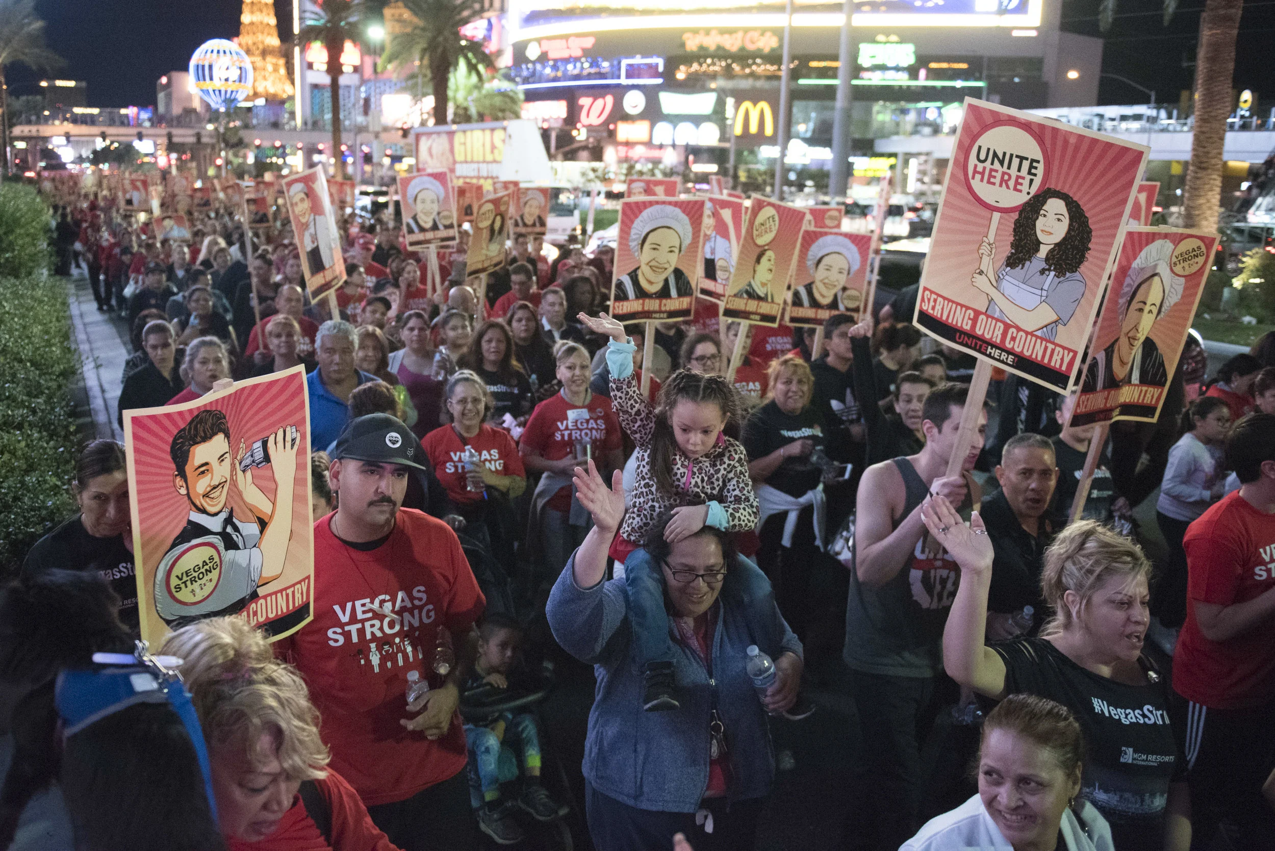 Thousands of Culinary Workers Union Local 226, Unite Here! Bartenders Local #165 and pro-union supporters march along the Las Vegas Strip.