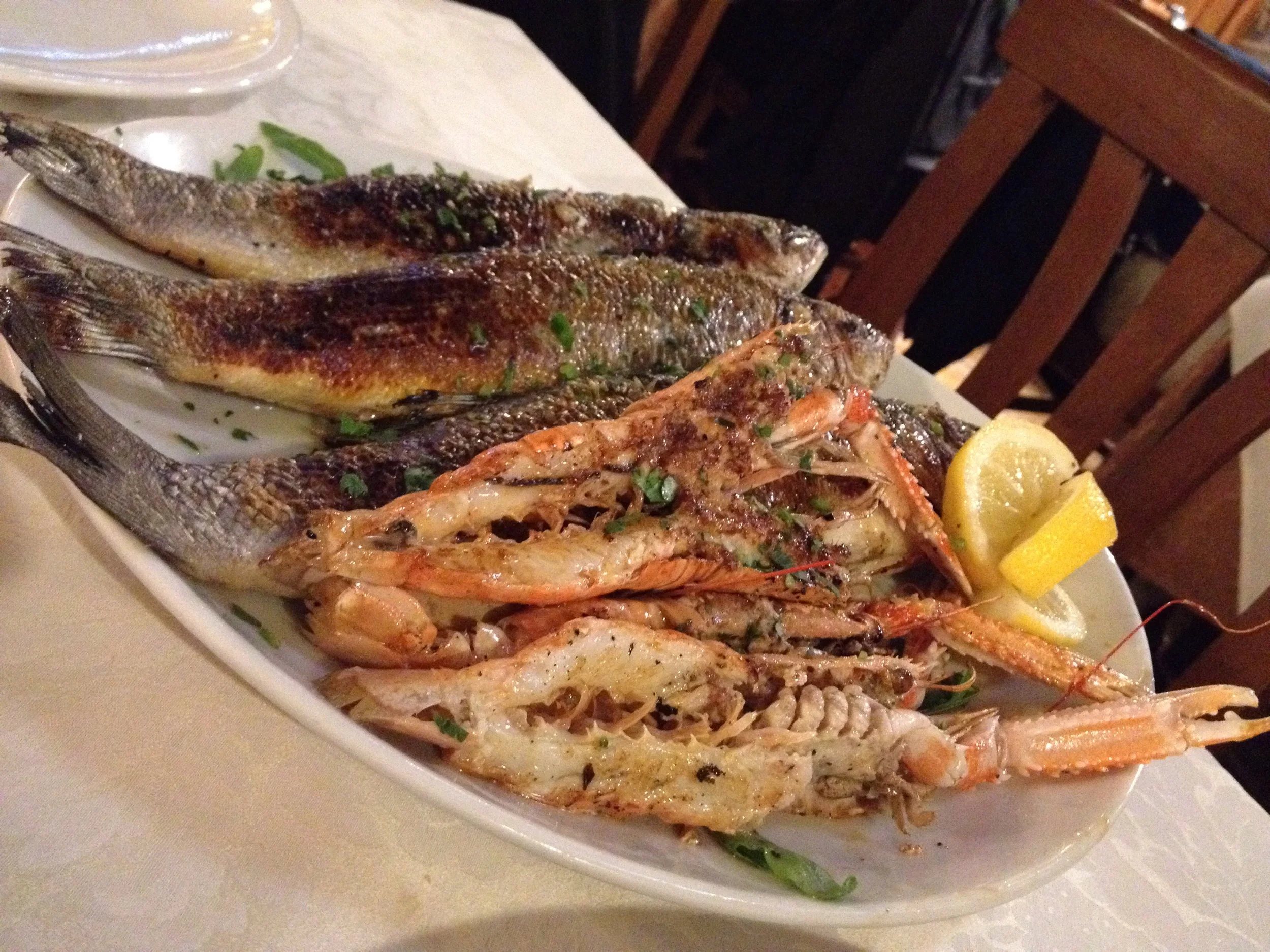 Grilled fish of some sort and scampi