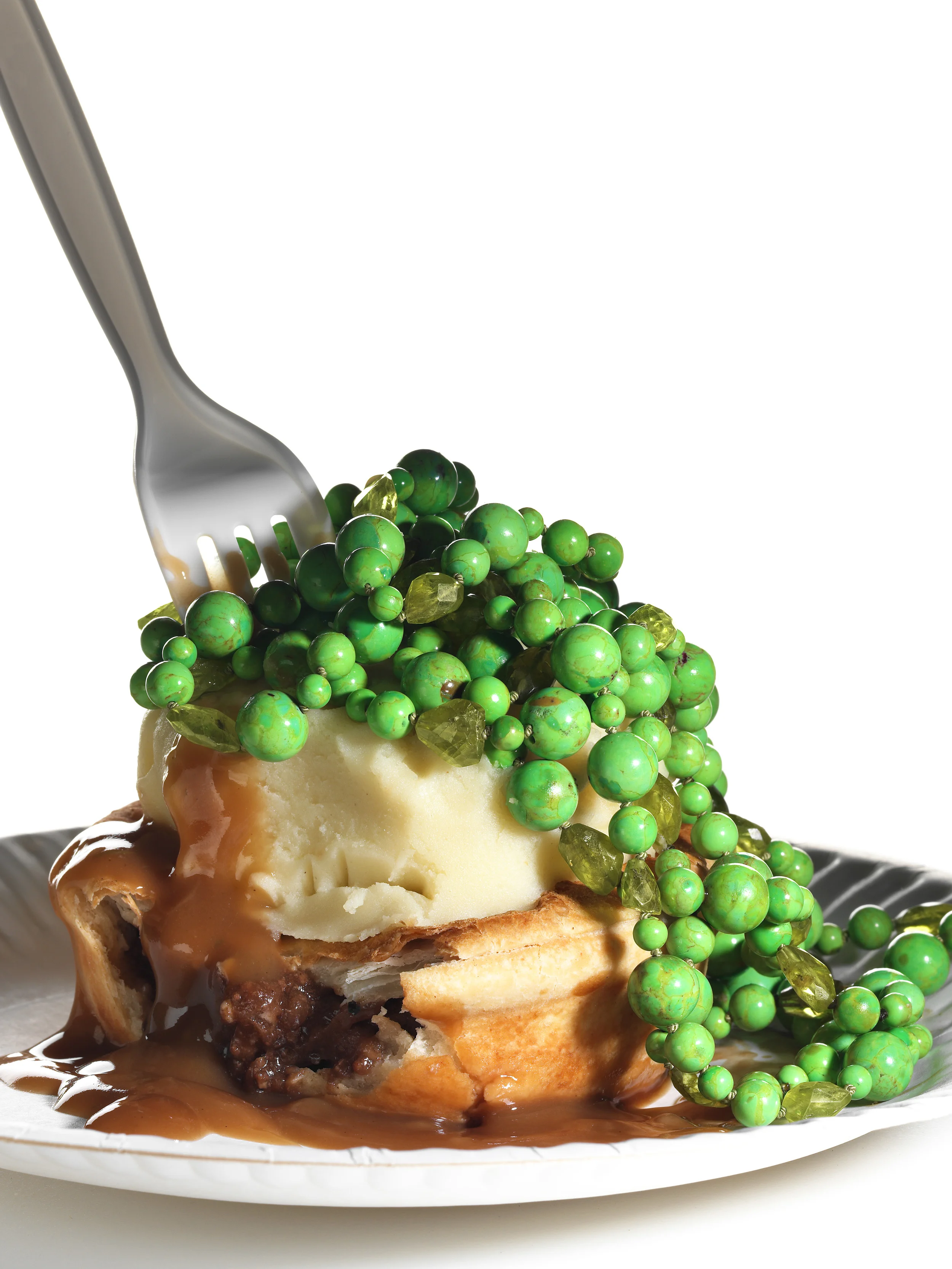 Russh Magazine jewellery editorial on pie and mash