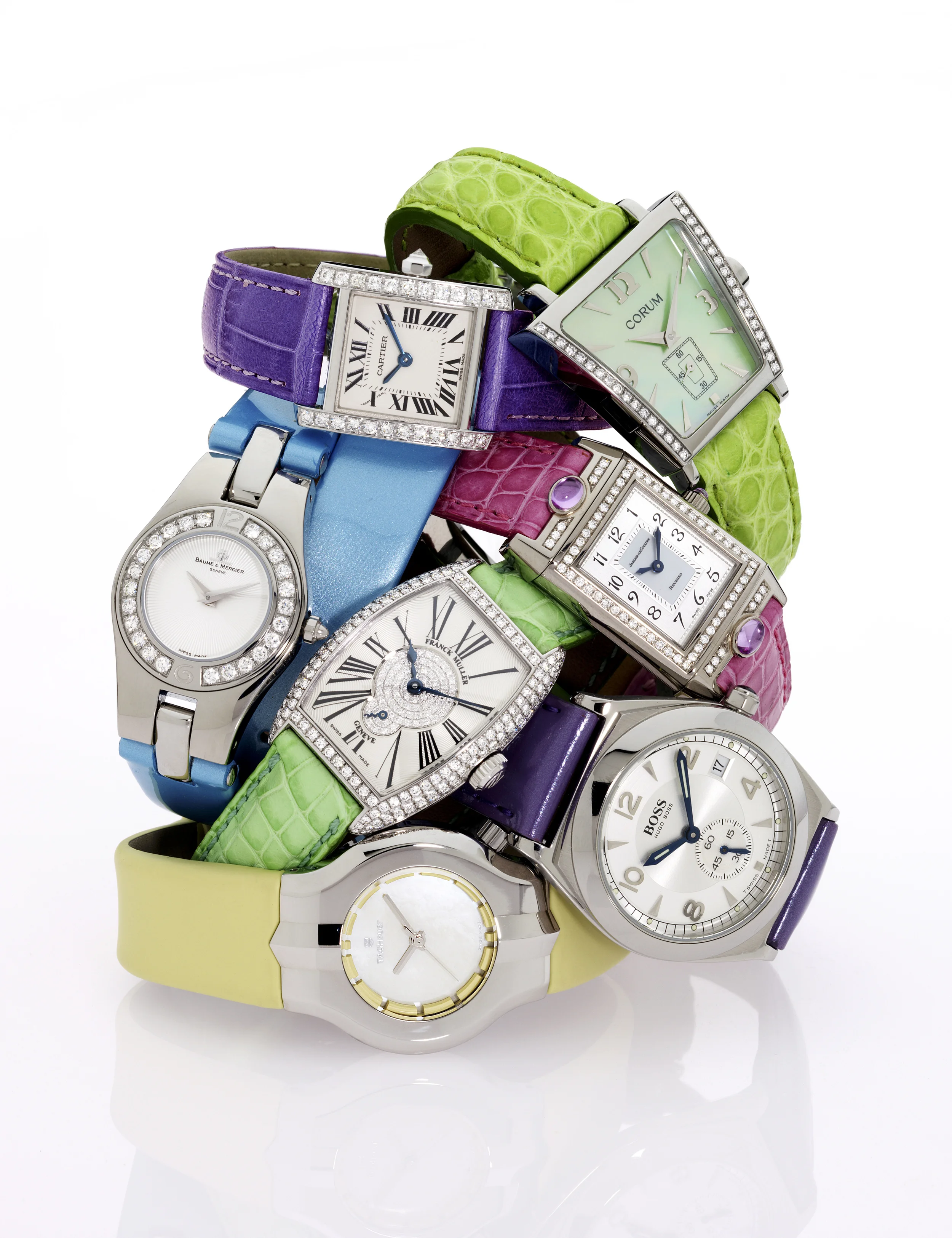 Still-life of Watches stacked for editorial feature