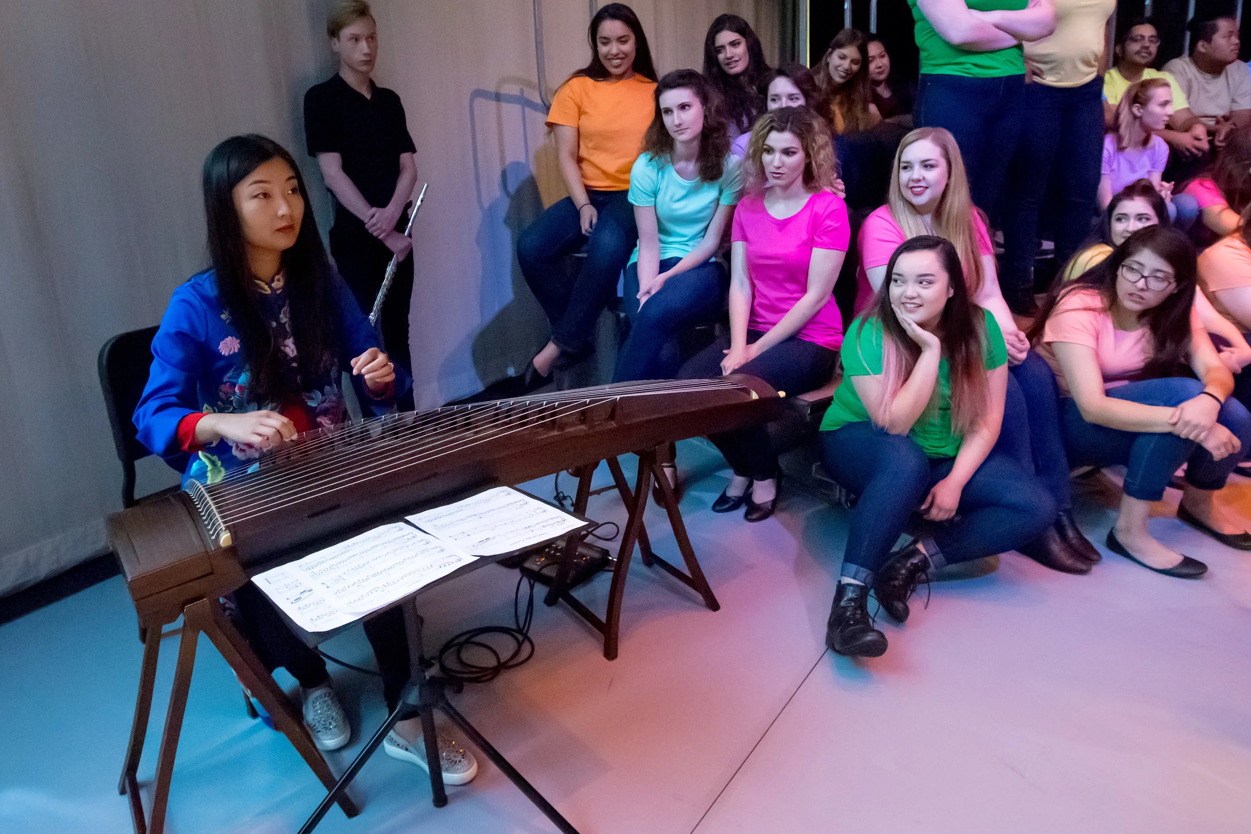 Bei Bei, internationally known guzheng performer, with flutist Jeffery Harley and members of the Chamber Choir, during an informal run-through of "Lord of the Cranes."