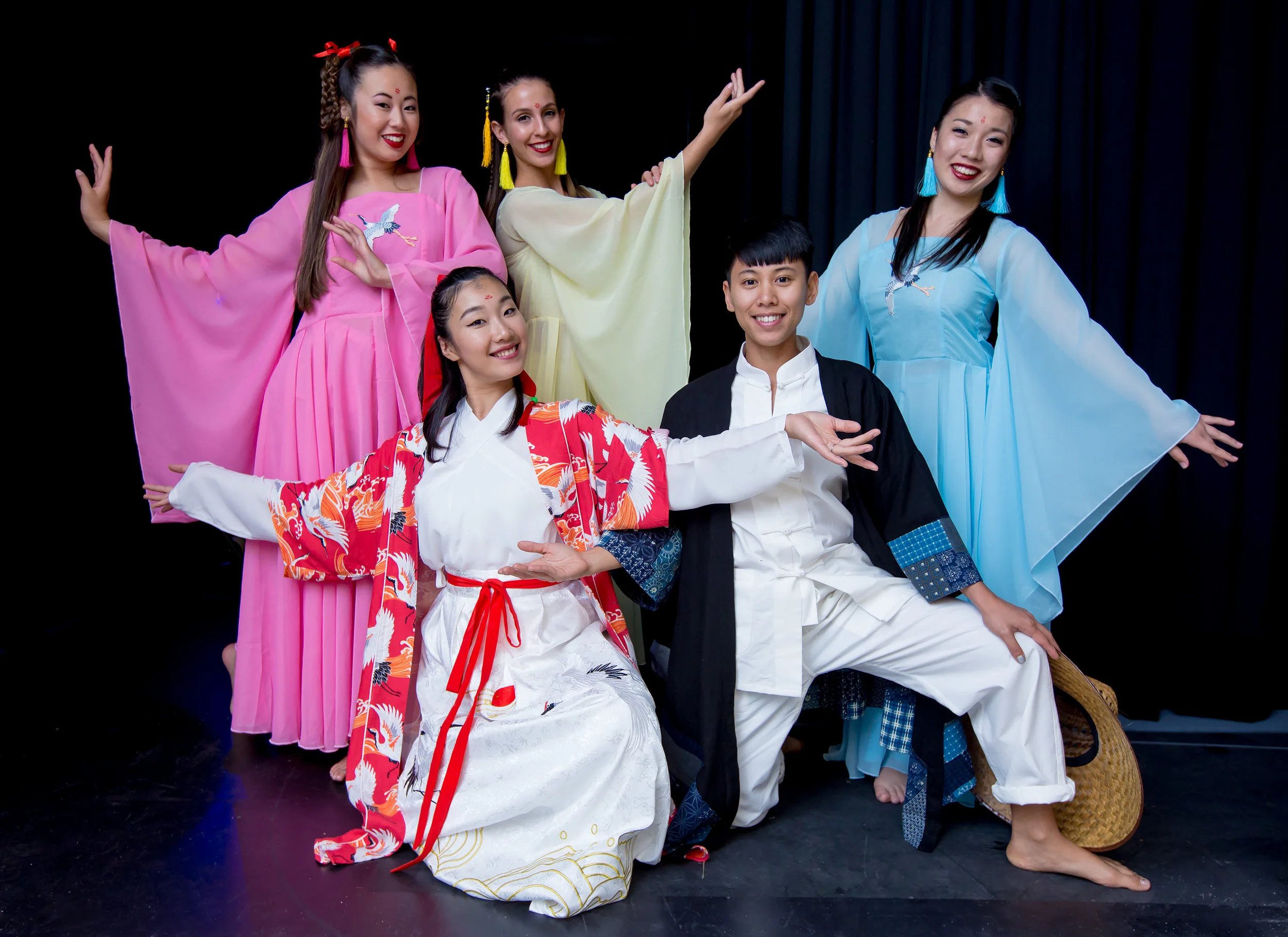 Choreographer and dancer Jingqiu Guan (front left), with dancers Mizuki Sako, Kelsey Manes, Kristianne Salcines and Kyra Sakamoto. They performed "Lord of the Cranes," based on a folk tale from China.