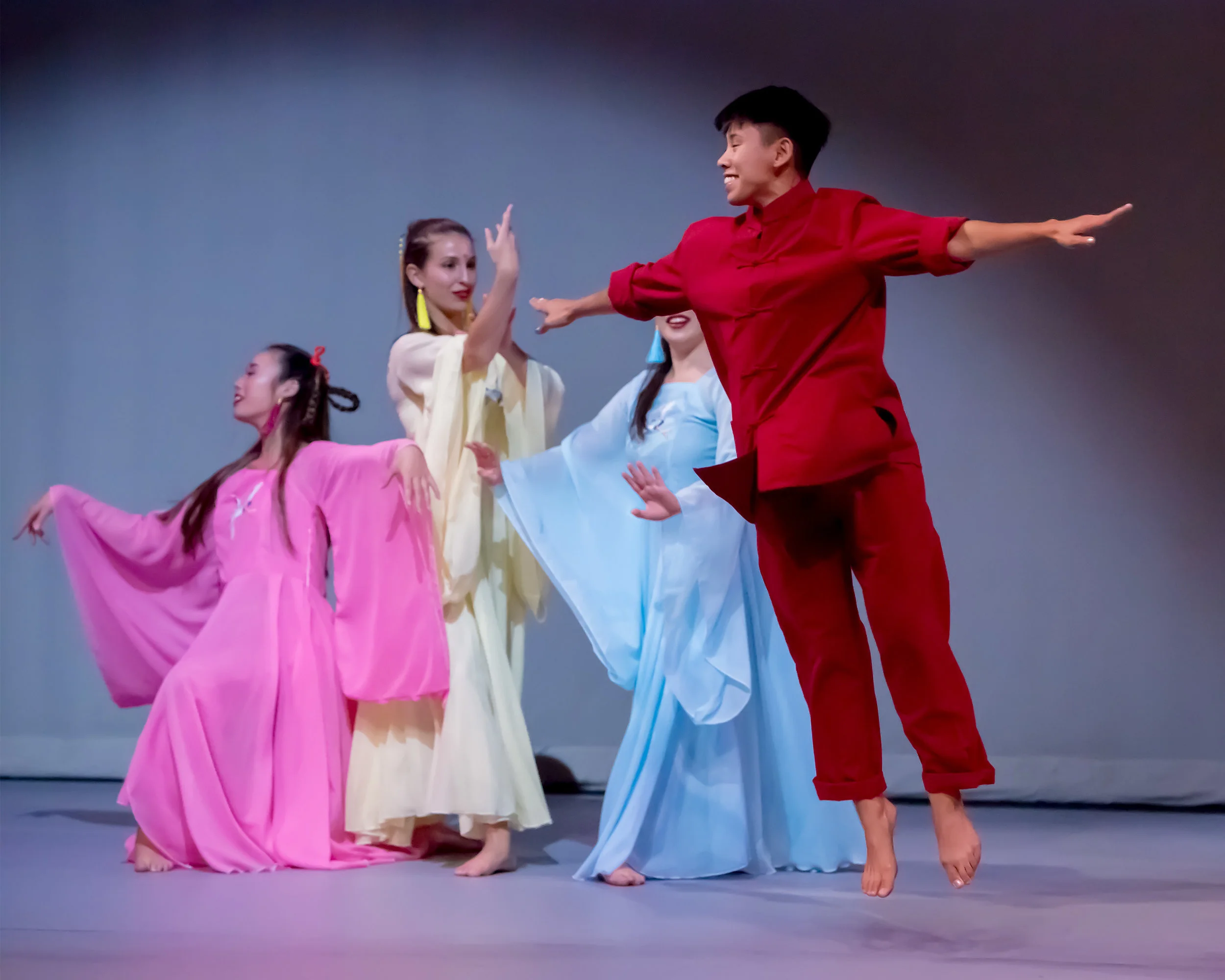 Kristianne Salcenes (red outfit) as the Inn Keeper in "Lord of the Cranes" (photo: David Tuman)