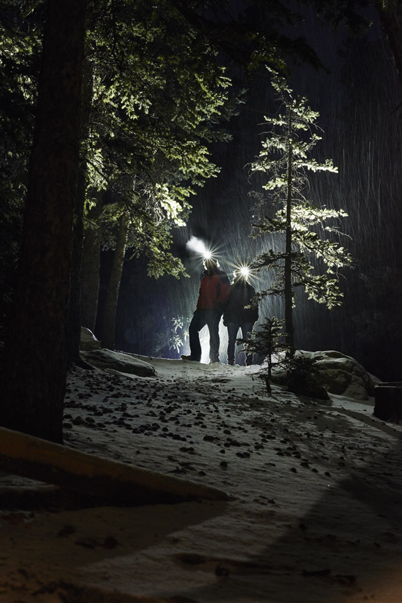Winter, night-time hiking with Columbia Black Diamond headlamps. 