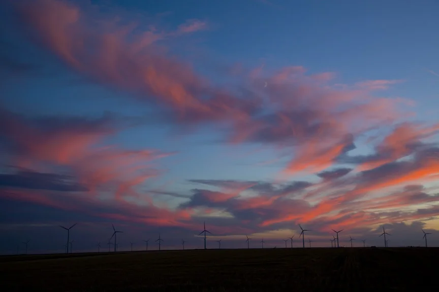 Windmills at sunset. 