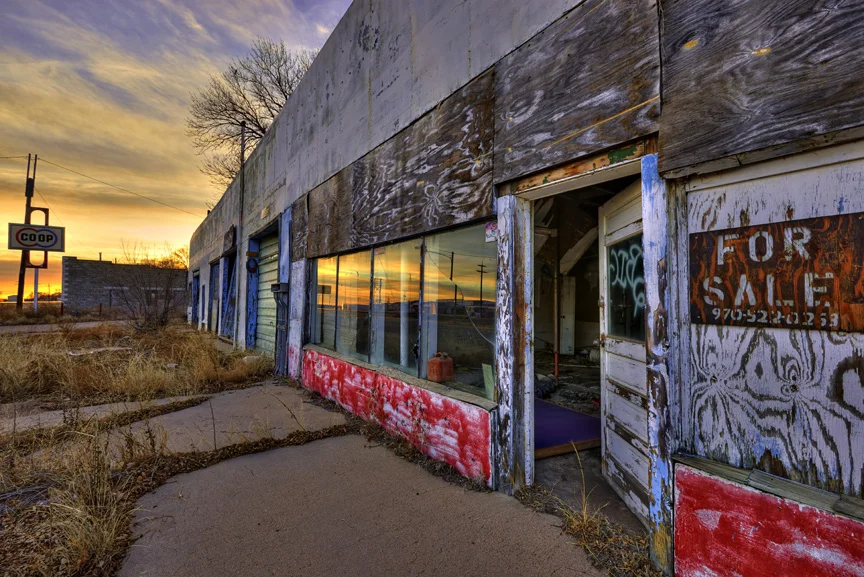 Abandoned gas station at sunset in rural, eastern Colorado. 
