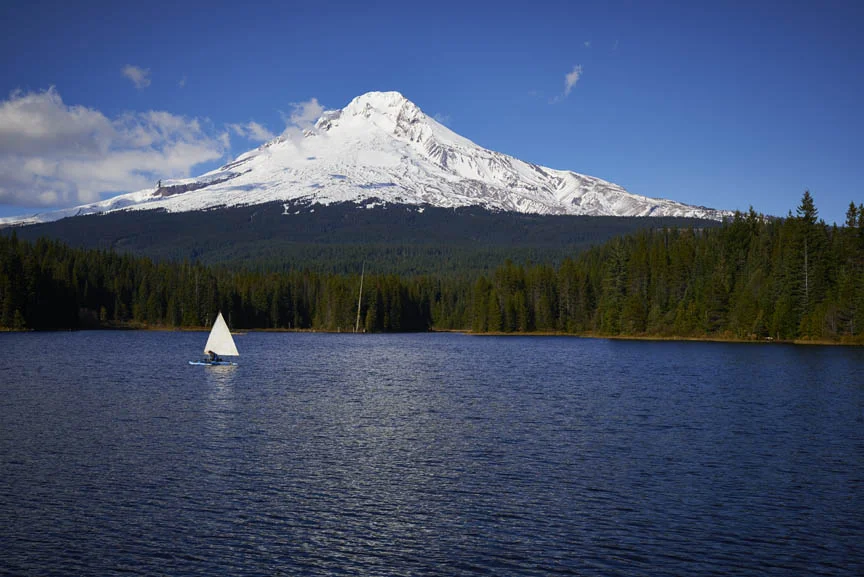 Sailboat on lake near Mount Hood, Oregon. 
