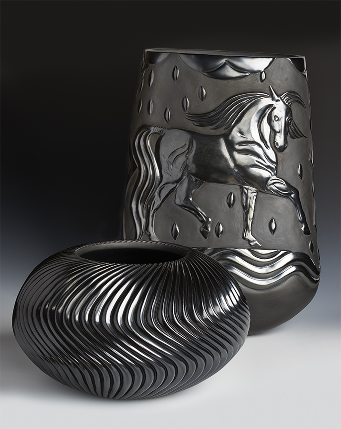 Nancy Youngblood, Santa Clara Pueblo, New Mexico pottery - tall vase and ribbed bowl. 