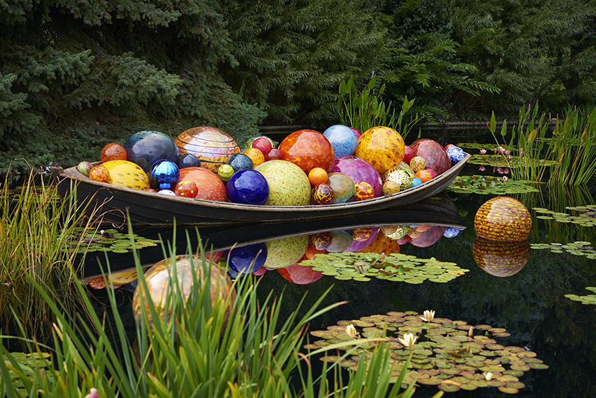 Water garden at Denver Botanical Gardens, Chihuly exhibit. 