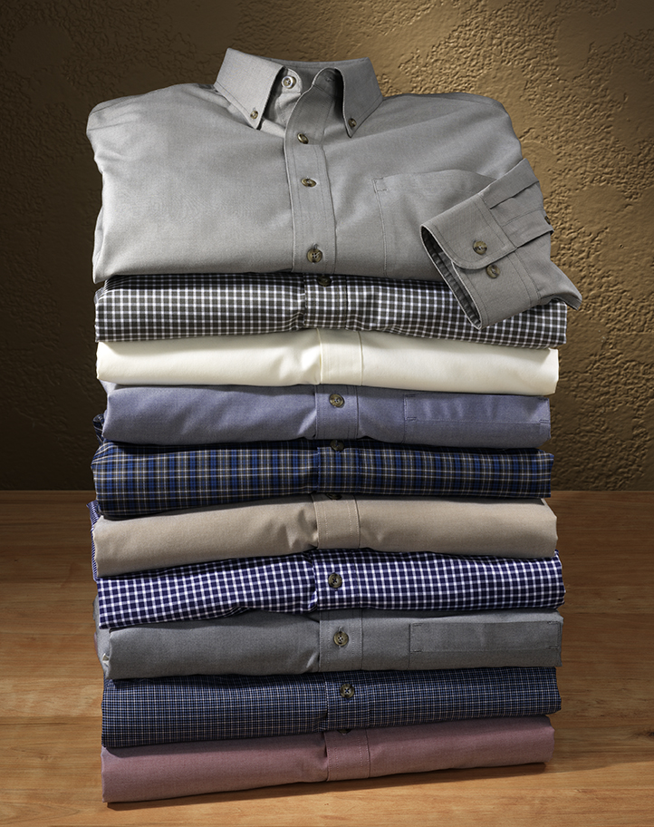 Stacked men's shirt in retail catalog product photograph. 