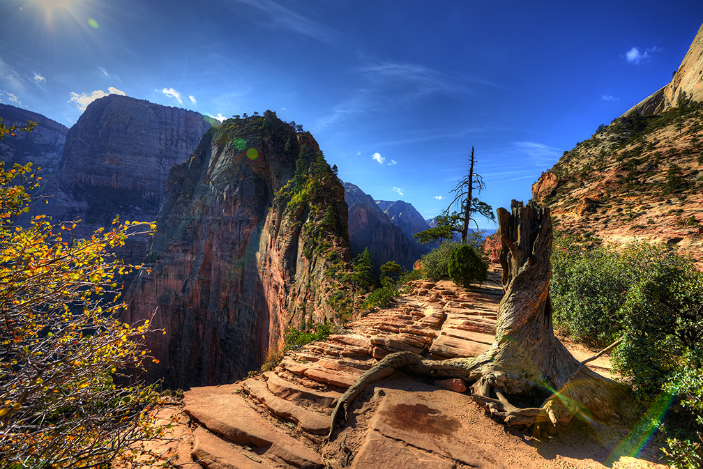 Extreme hiking on Angel's Landing in Zion National Park, Utah. 