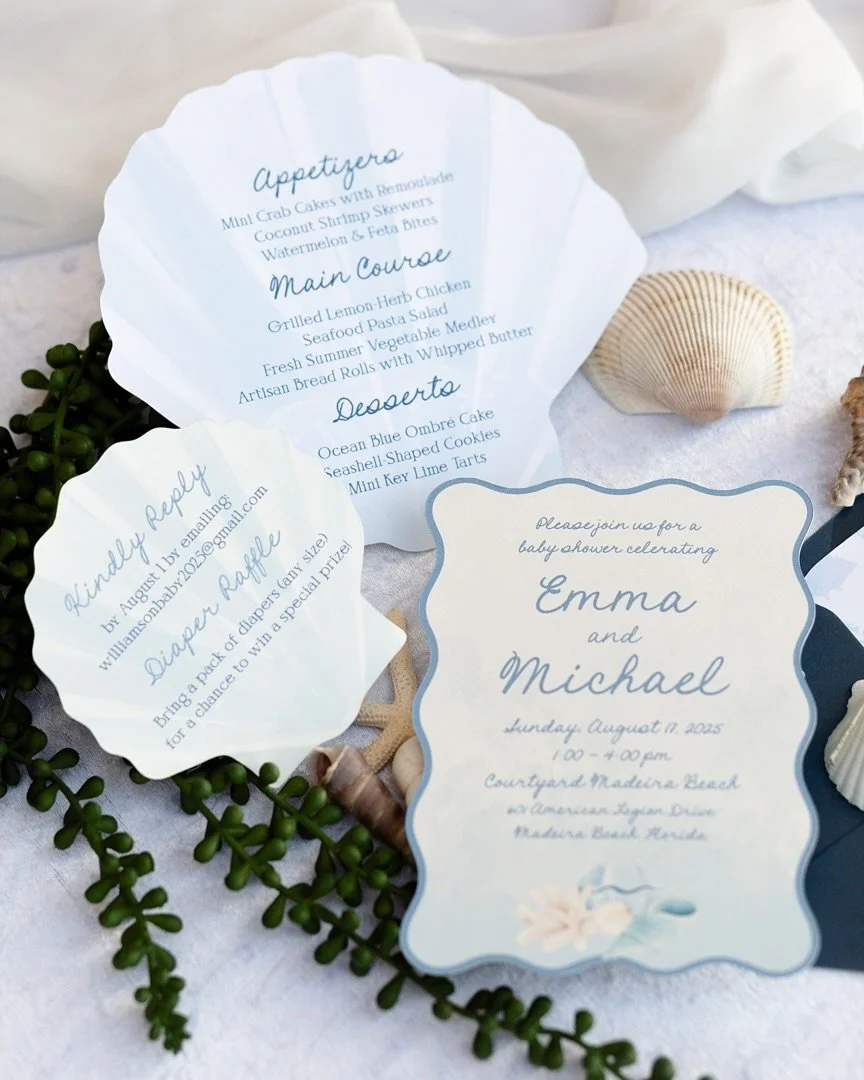 Wavy invitations, fun seashell RSVP and details cards, and matching menus set the tone for this coastal celebration πβ¨ 
From the ‘Ahoy, it’s a boy’ welcome sign to every day-of detail, digitally printed pieces proved that custom s