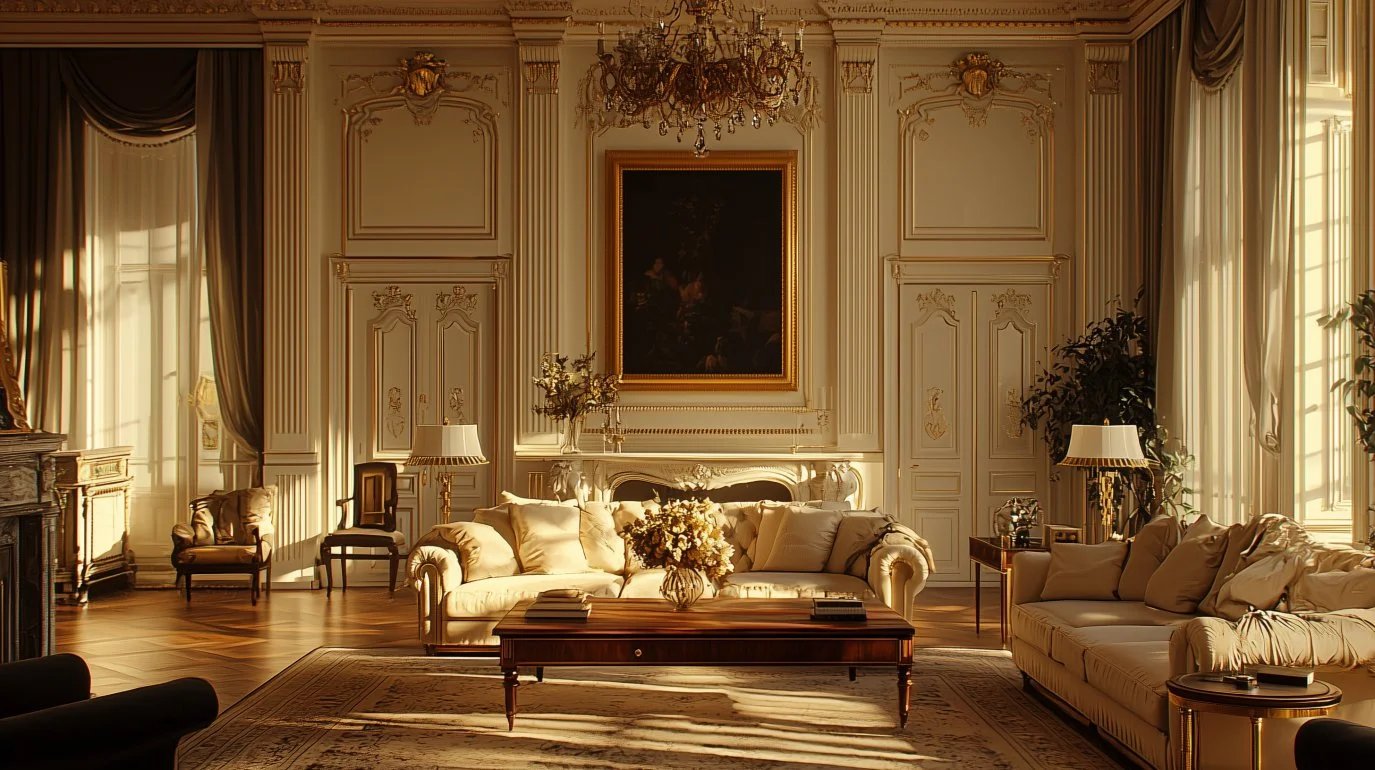 Elegant French living room with chandeliers, sunlit windows, and antique furnishings