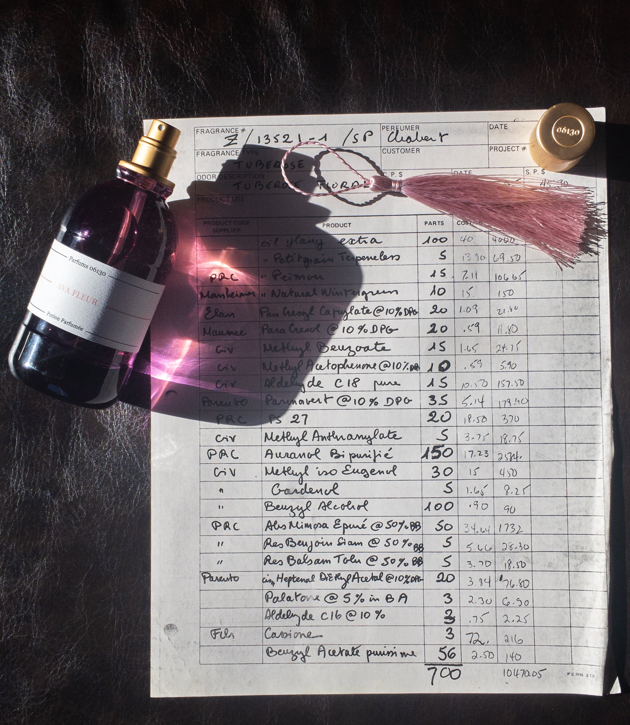 Ava-Fleur flacon on a handwritten formula, lit by sunlight—honoring the artistry and tradition of fine French perfumery.