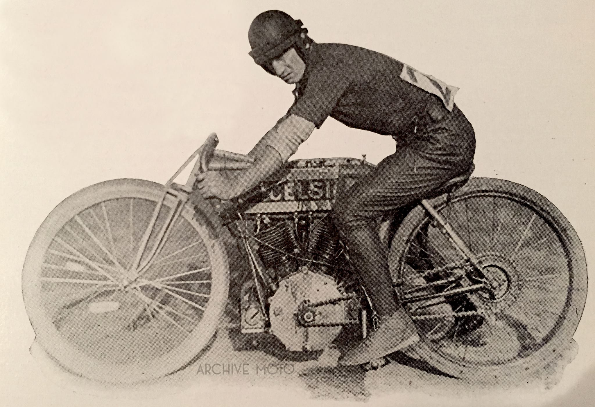Pictured is Jacob DeRosier, the world’s fastest motorcycle racer shortly after his turbulent run down south onboard his Excelsior “7” at a race in Guttenberg, NJ on October 29, 1911.