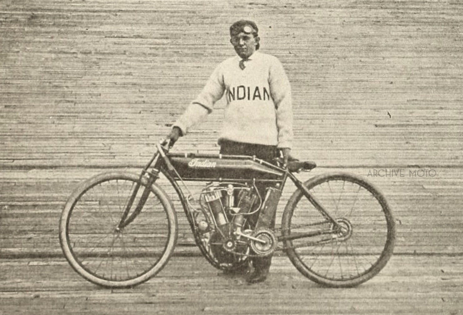 Nineteen year old W.E. Hasha, aka Eddie, aka, “The Texas Cyclone” inside the Springfield Stadium Motordrome earlier in 1911 before he traveled south to race in Birmingham against Stubbs, Mitchell, Balke, and DeRosier later fall. The machine he is standing with is the one that he most likely competed on for the events at the Alabama State Fairgrounds as he acquired his monstrous and elegant 8-Valve shortly after that event, just before the start of the 1912 season in Los Angeles.