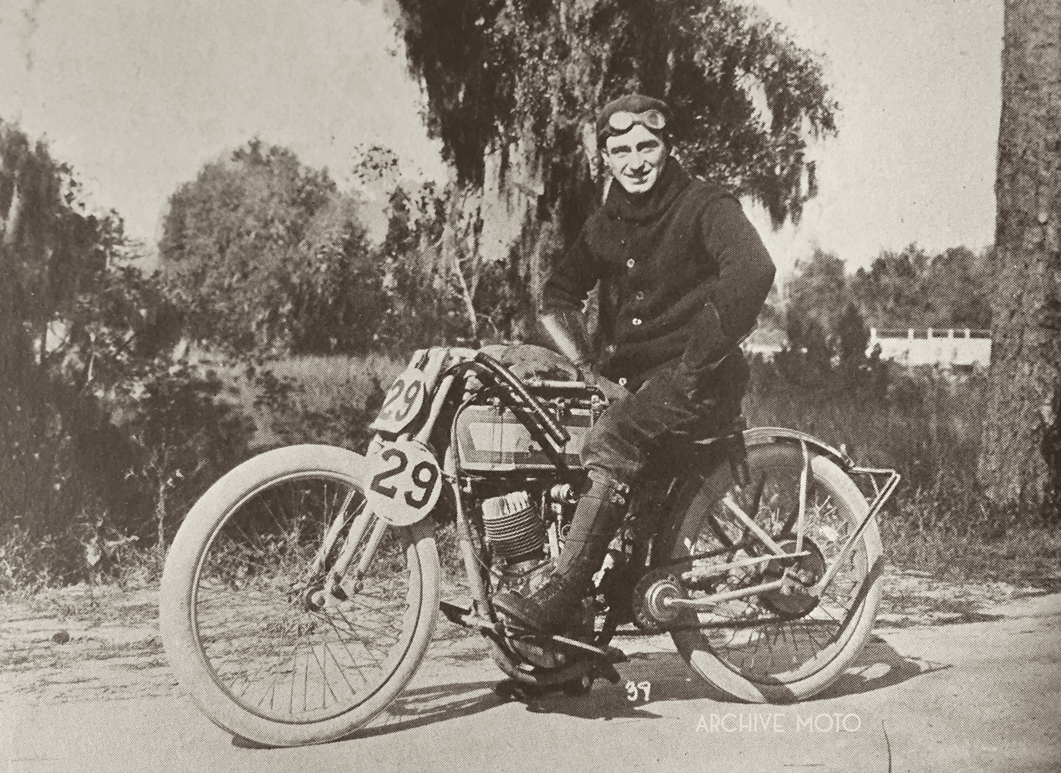 Ray Weishaar and his Harley-Davidson 11KR factory road racer in Savannah, Georgia on Thanksgiving Day, November 26, 1914.