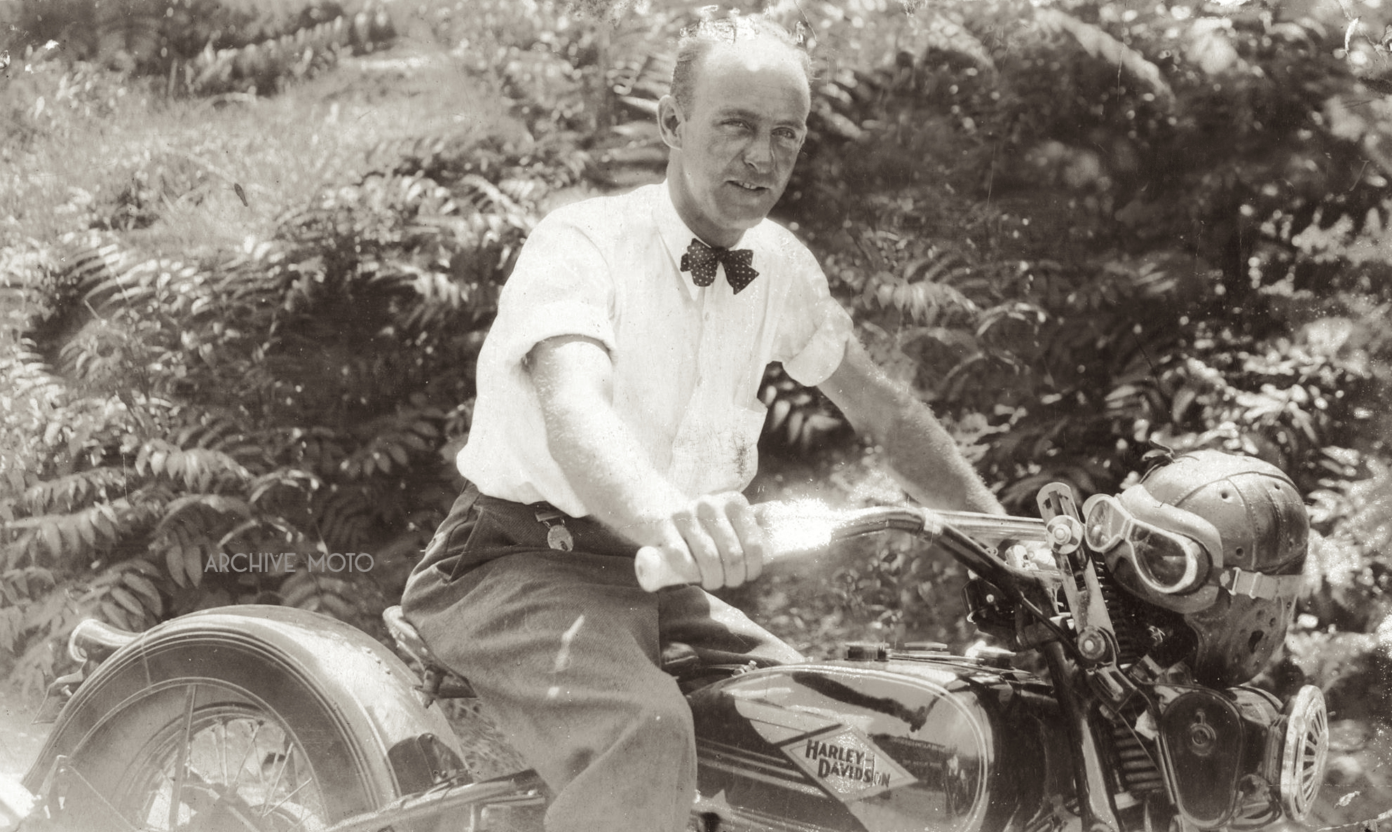 Bert Baisden, winner of the 1933 Savannah 200 Mile Championship Road Race, onboard his Harley-Davidson RL ca. 1934.