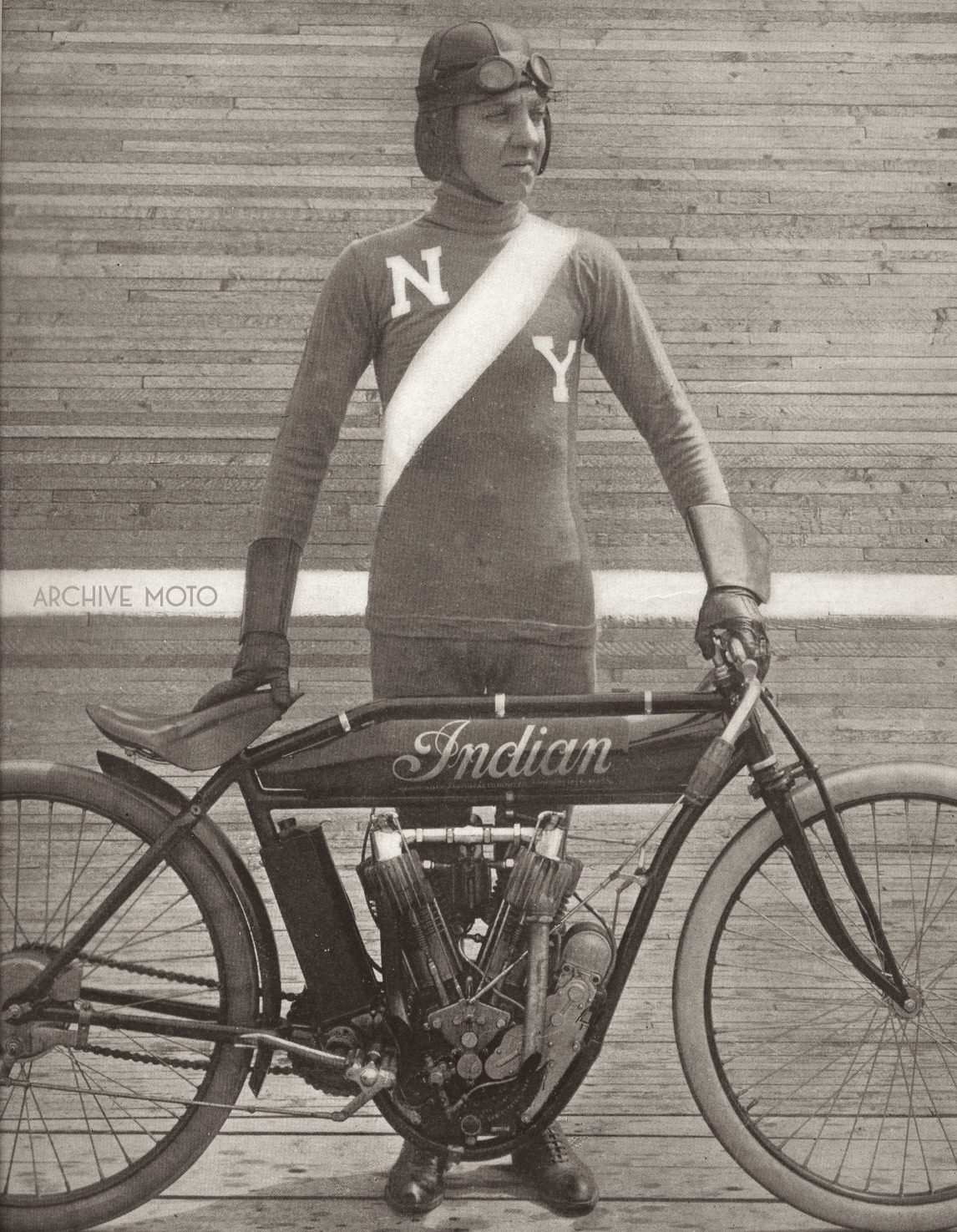 This image of A.G. Chapple comes from his glory days spent at full tilt on the boards of America’s motordromes. It was taken after the New York icon turned a mile in 38 seconds, a staggering 95 mph at his home track of Brighton Beach in September, 1912.
