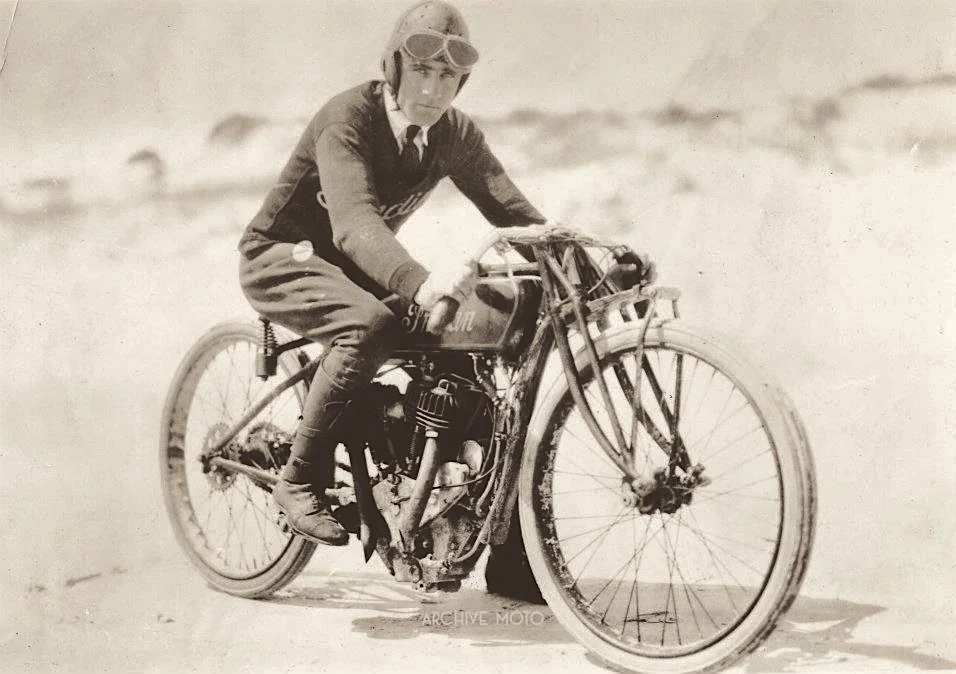 Seen here on the sands of Daytona Beach in April, 1920 is Indian’s gentleman speedster, Birmingham’s own Eugene Walker, the new fastest man on two wheels.