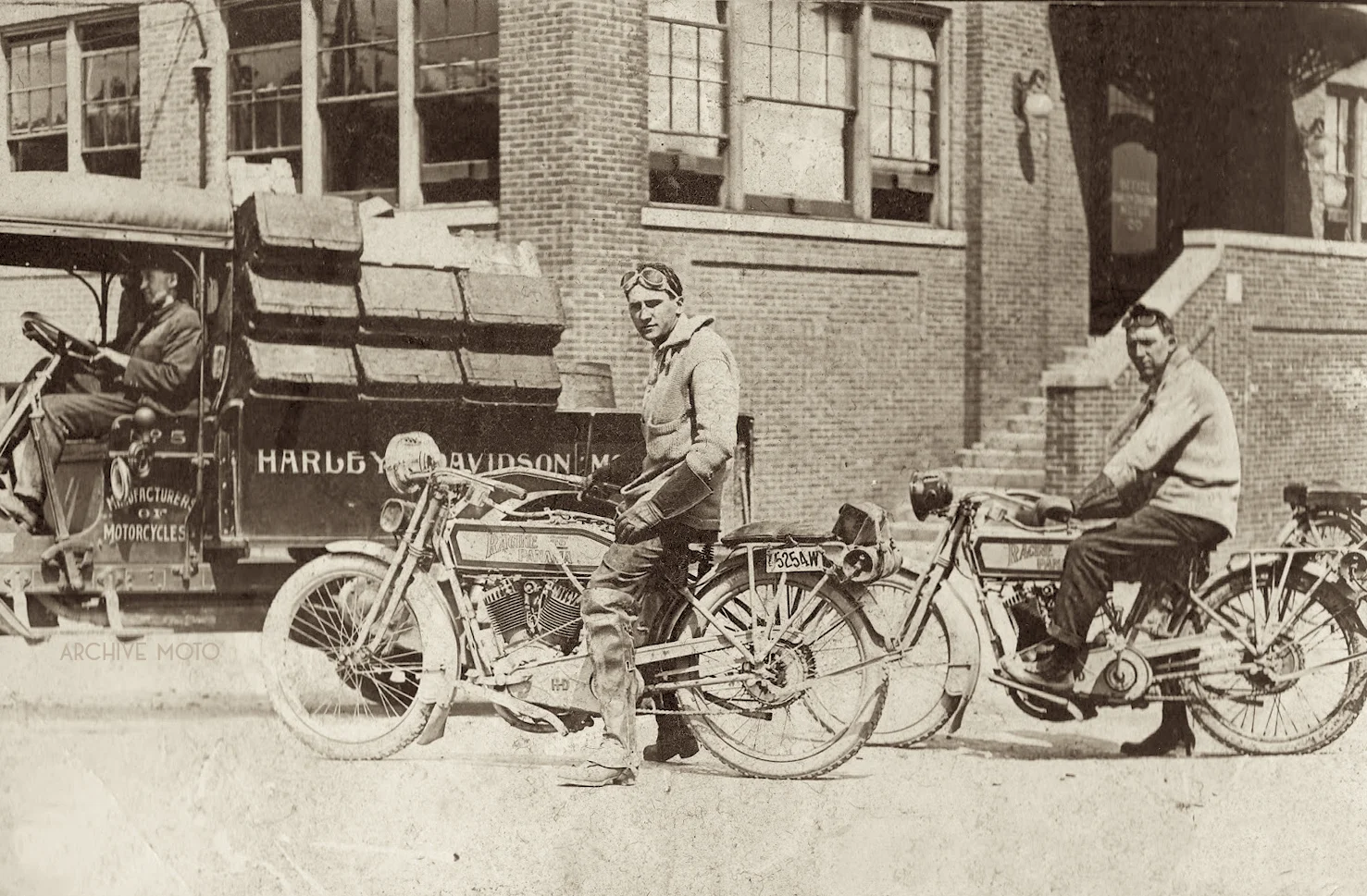 Jack Bernvitzke and Dan Klapproth onboard their Harley-Davidson 10F’s in front of the Milwaukee factory just before their transcontinental adventure in the late summer of 1914.