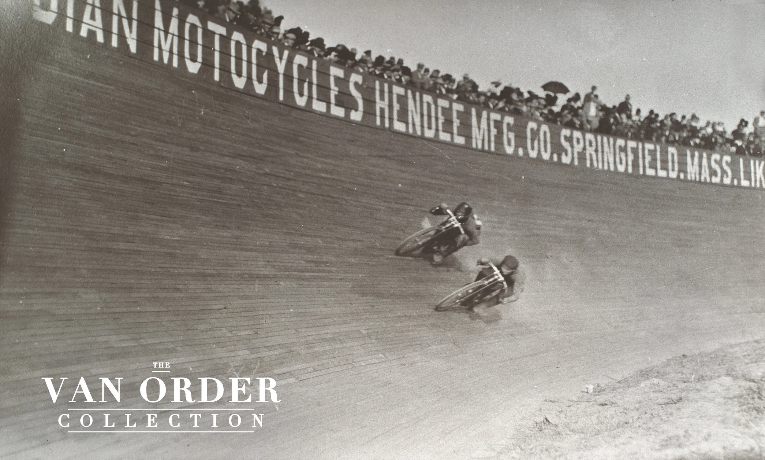 Morty Graves and Al Ward jockey their Merkels on the 48 degree banking of the Los Angeles Coliseum motordrome in October 1910.