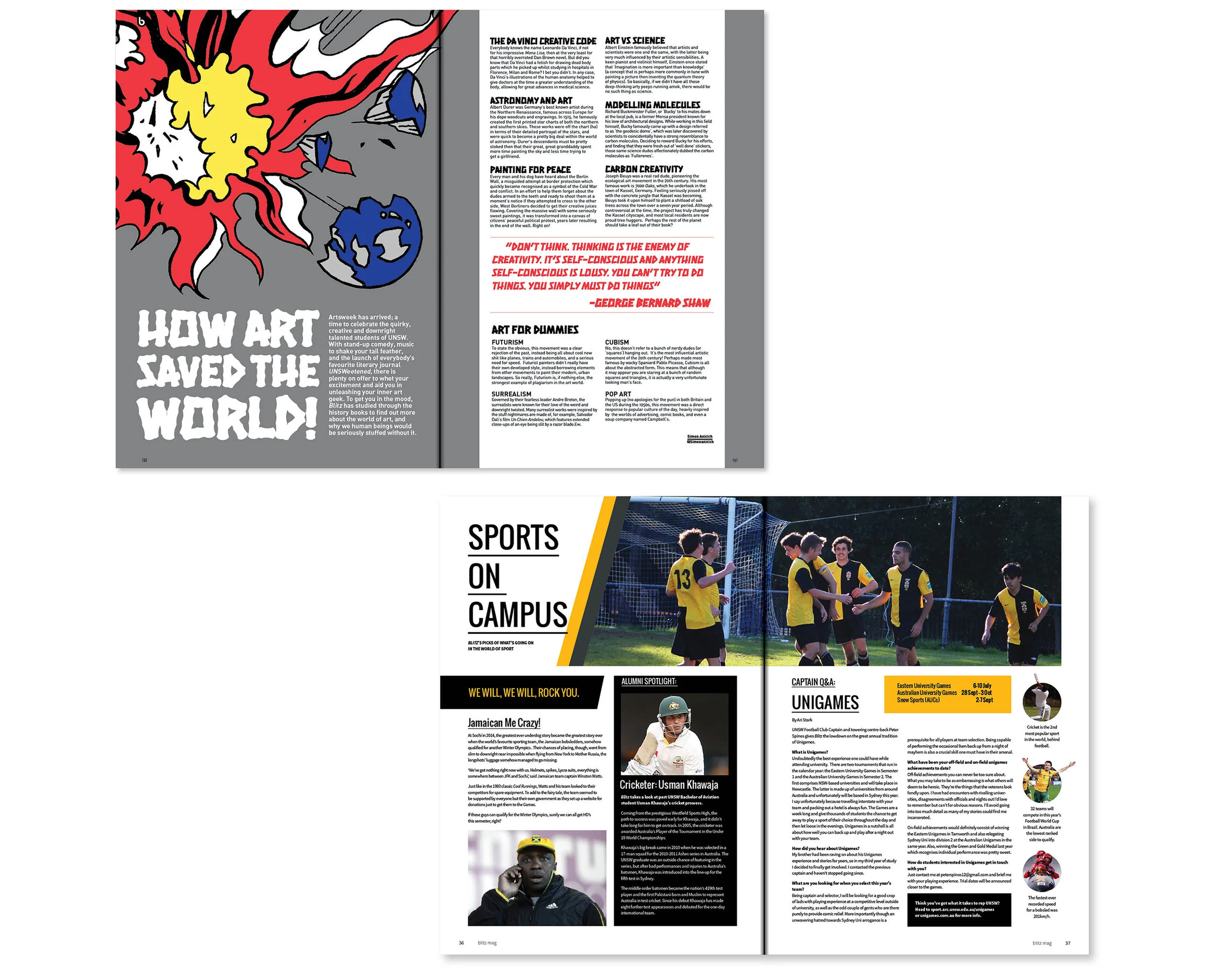  Editorial designs which hit that Blitz sweet spot of pop-culture savvy, student in-jokes and bright colourful fun. 