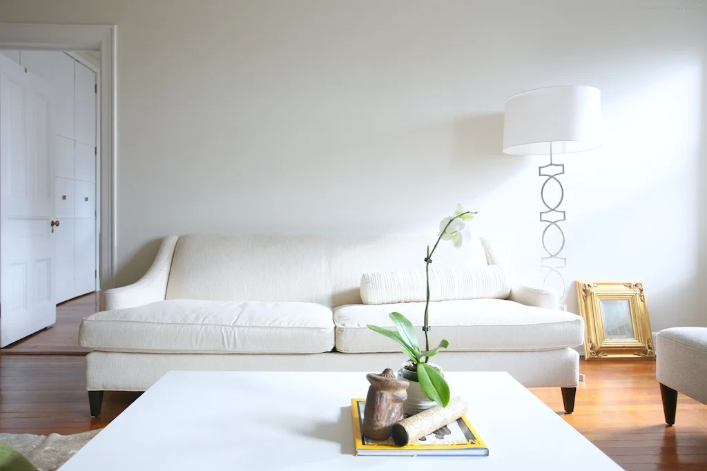 "Brooklyn interior design project: living room decor. All white interior."