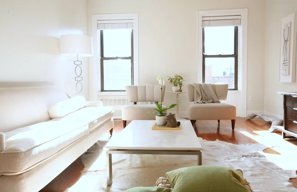 "Brooklyn interior design project: living room decor. All white interior."