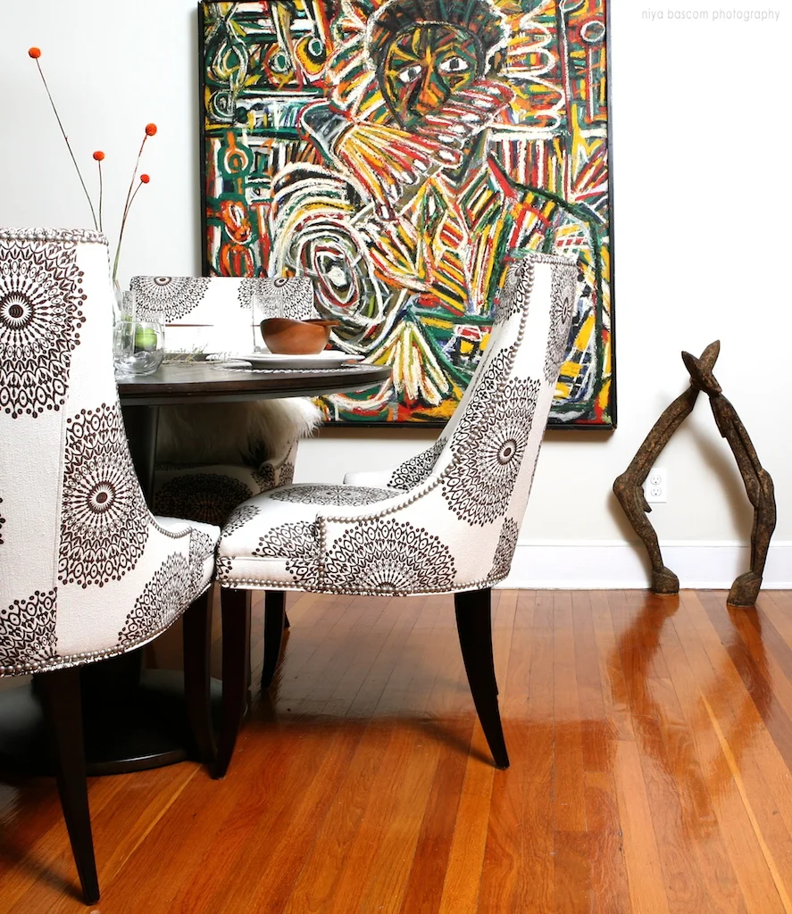 "Brooklyn interior design project: dining room decor. All white interior."