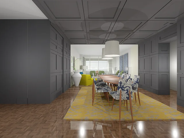 Cannot wait to incorporate this Schumacher fabric, shown on the dining room chairs in our early rendering.