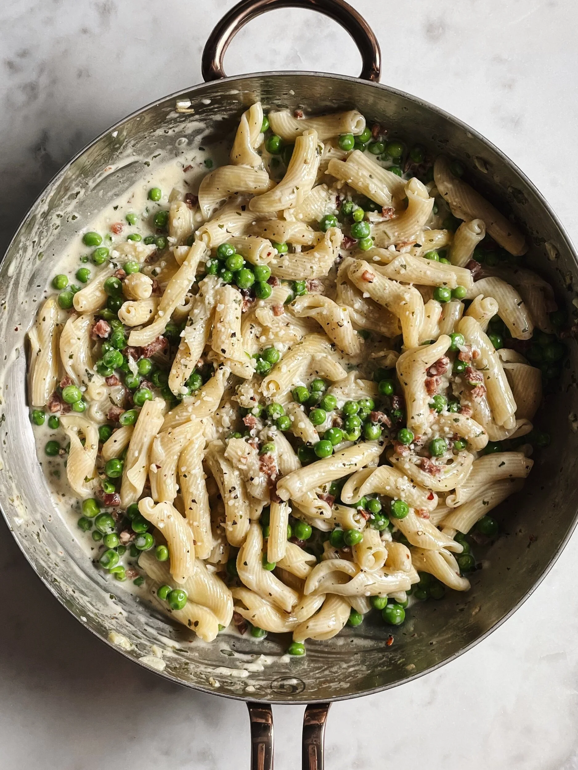 pasta with peas, pancetta, and pecorino cream — italian enough