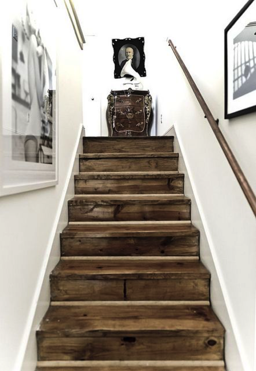 Very little color in this stairwell. Just black and white. And texture from the wood floor. I love the mix of old and new.
