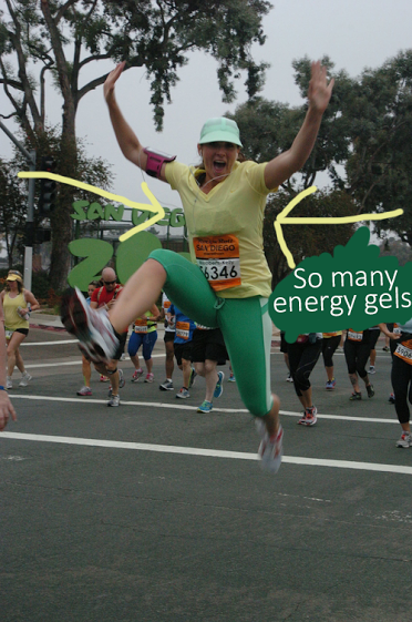 See that lumpy sports bra? Those are energy gels.