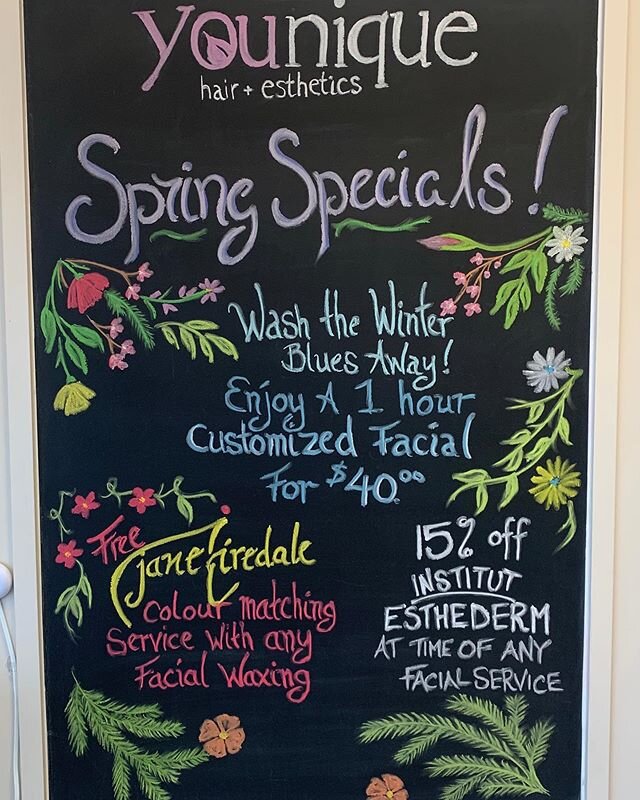 Introducing our Spring Specials!! -Enjoy a customized facial to suit your needs! -With any facial waxing service receive a FREE Jane Iredale colour match! -Get 15% off any Esthederm Product with any Facial! 
Thank you to @chalk.it.up.with.d for the a