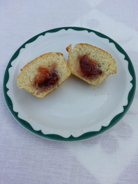 Surprise corn muffin with strawberry jam.